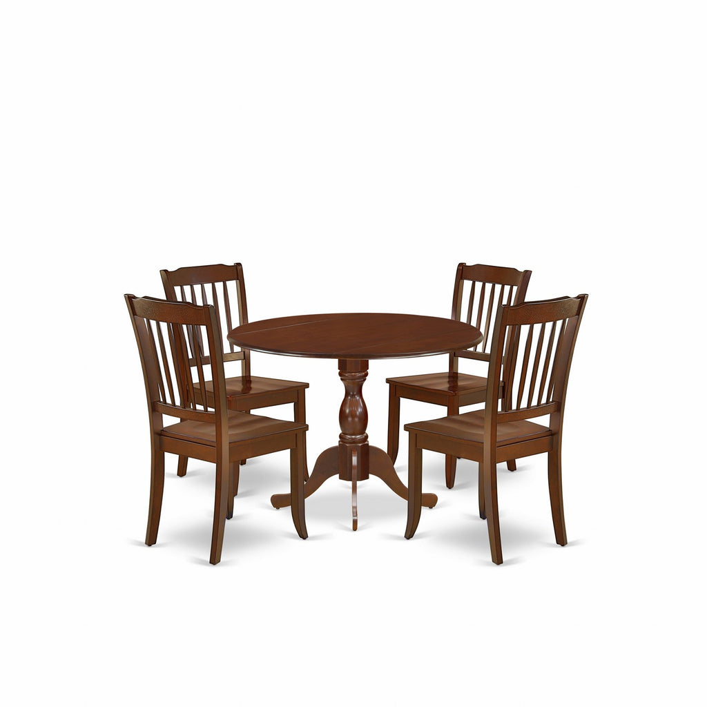 Juego de comedor de 5 piezas DMDA5-MAH-W de East West Furniture. Incluye una mesa de comedor redonda con alas abatibles y 4 sillas de cocina.