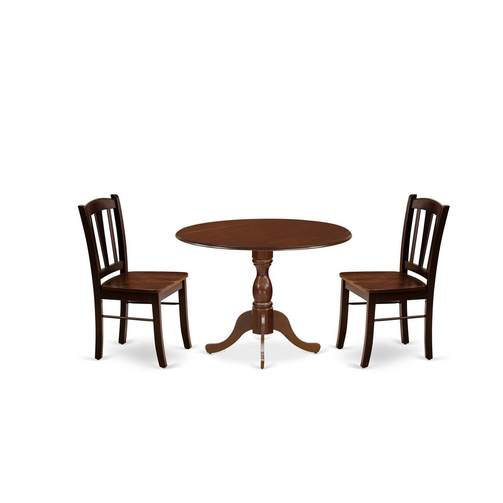 Juego de comedor de 3 piezas DMDL3-MAH-W de East West Furniture. Incluye una mesa de comedor redonda con alas abatibles y 2 sillas de cocina.