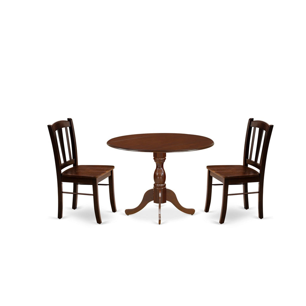 East West Furniture DMDL3-MAH-W 3 Piece Dining Set Contains a Round Dining Table with Dropleaf and 2 Kitchen Chairs, 42x42 Inch, Mahogany