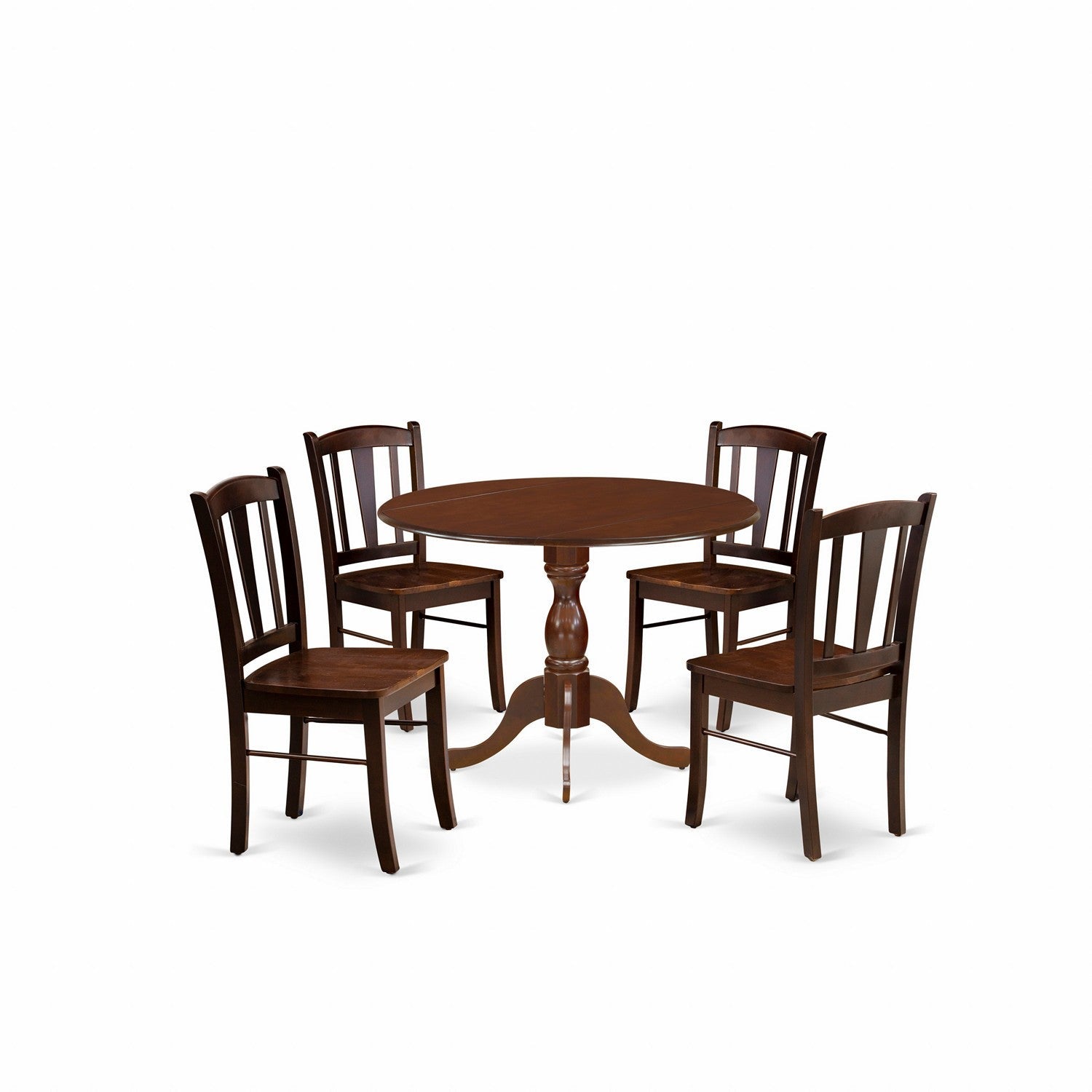 EAST WEST FURNITURE - DMDL5-MAH-W - 5-Pc Kitchen Dining Room Set- 4 Dining Chairs with Wooden Seat and Slatted Chair Back - Dropleafs Dining Room Table - Mahogany Finish