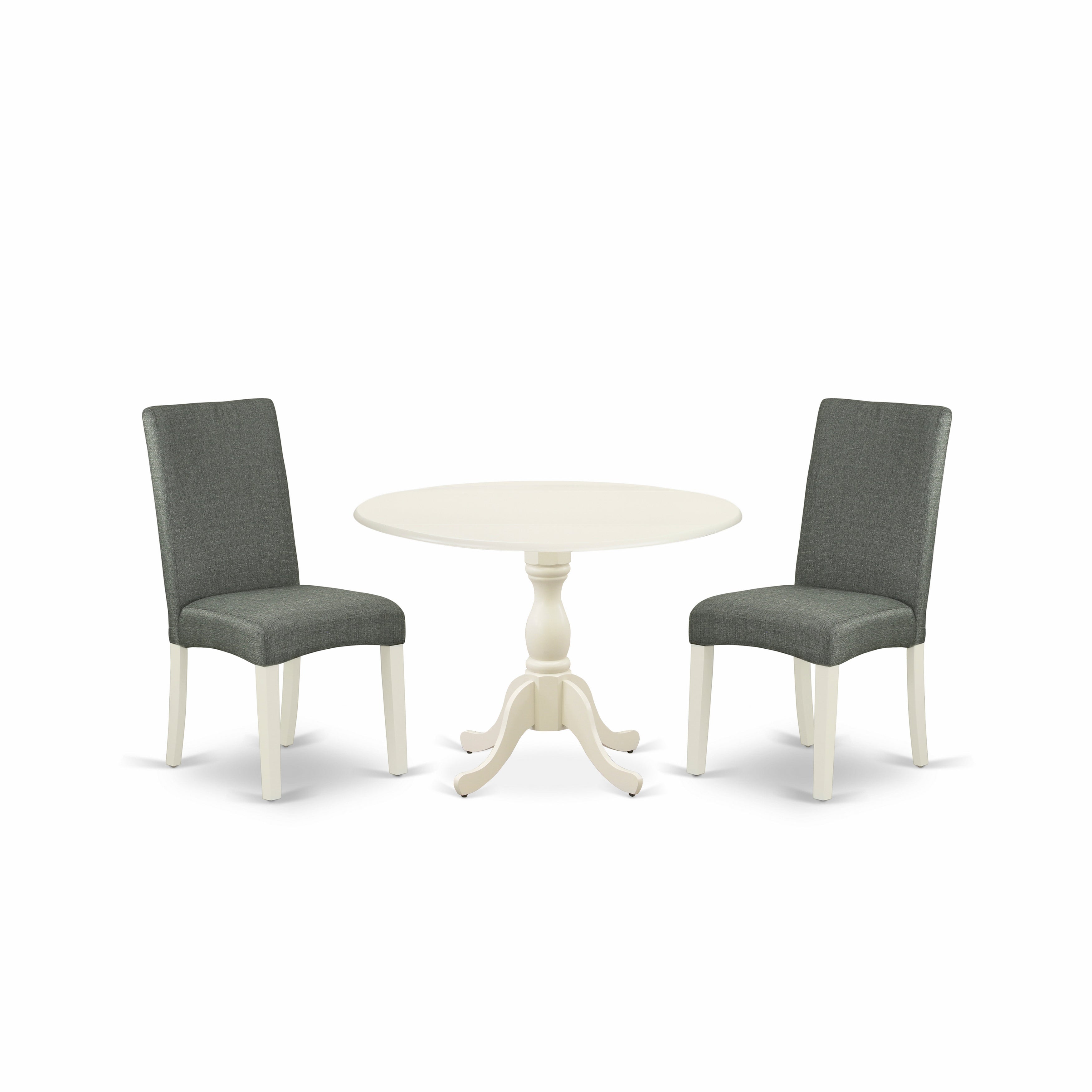 East West Furniture DMDR3-LWH-07 3 Piece Wood Dining Table Set Includes 1 Drop Leaves Dining Room Table and 2 Grey Linen Fabric Padded Chair with High Back - linen white Finish