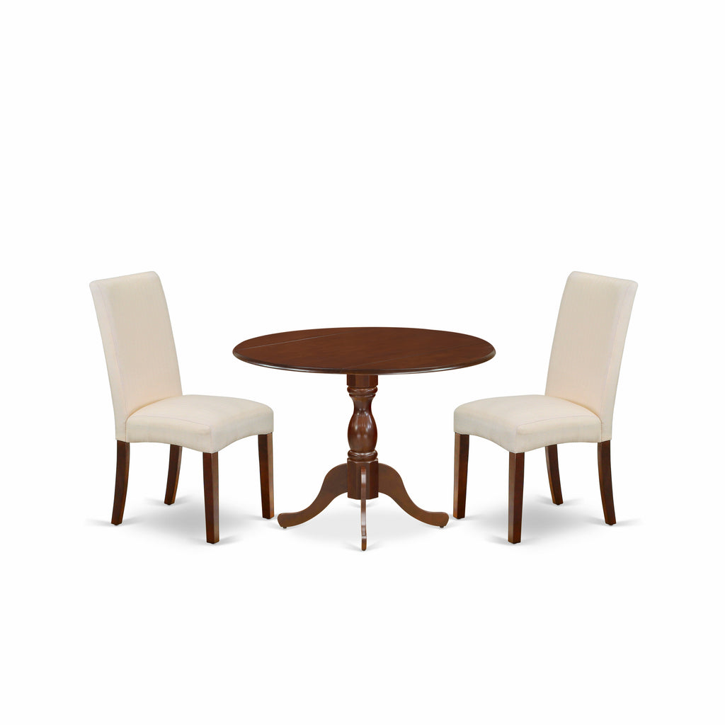 East West Furniture DMDR3-MAH-01 3 Piece Dining Set Contains a Round Dining Room Table with Dropleaf and 2 Cream Linen Fabric Upholstered Parson Chairs