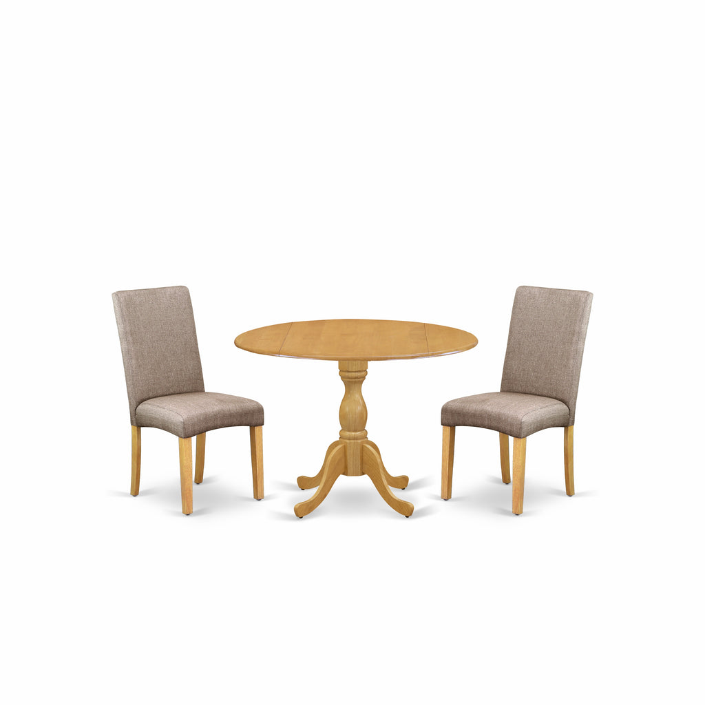 East West Furniture DMDR3-OAK-16 3 Piece Dining Room Table Set  Contains a Round Kitchen Table with Dropleaf and 2 Dark Khaki Linen Fabric Parson Dining Chairs, 42x42 Inch, Oak