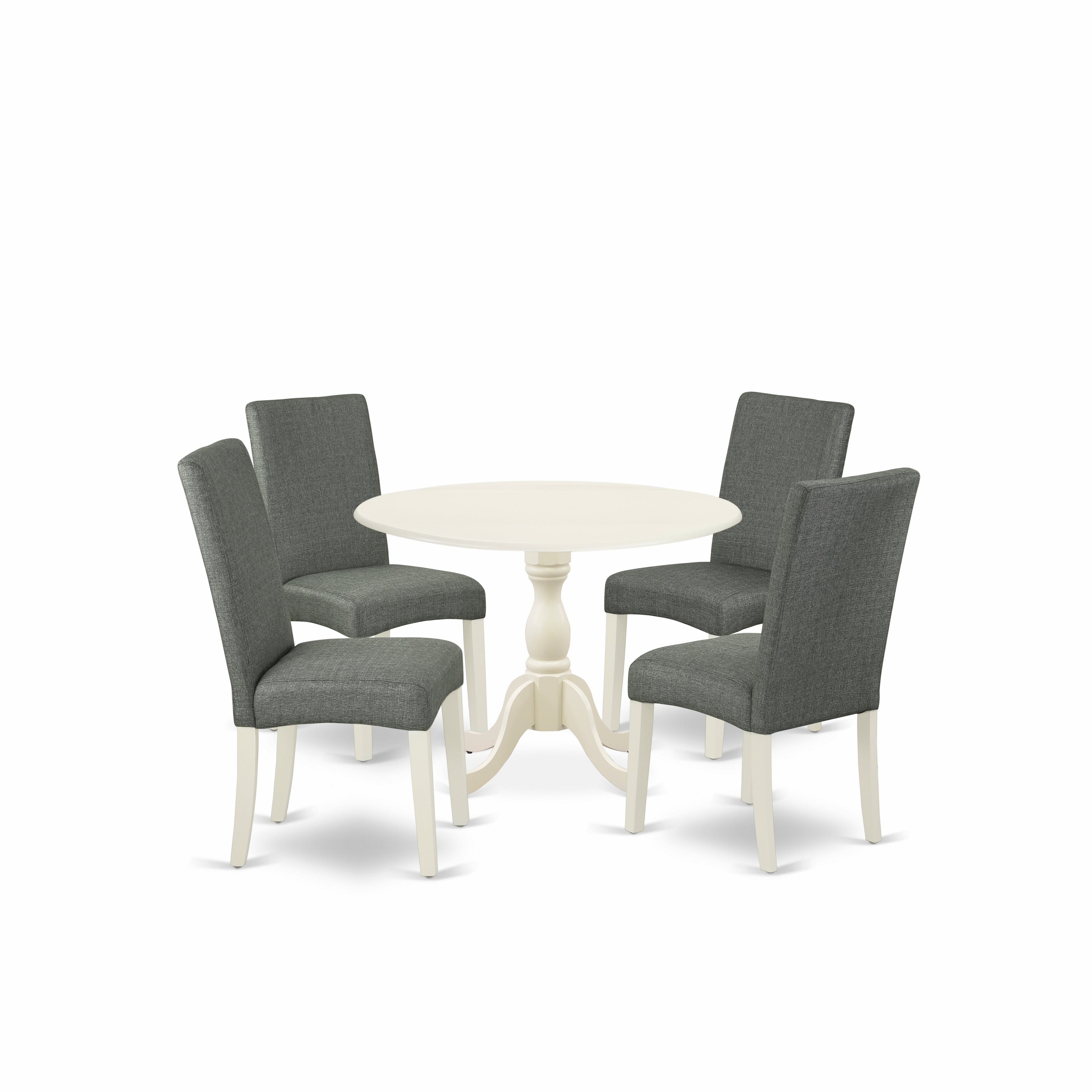 Juego de mesa de cocina de 5 piezas East West Furniture DMDR5-LWH-07 para 4 personas. Incluye una mesa de comedor redonda con alas abatibles y 4 sillas de comedor Parsons de tela de lino gris.