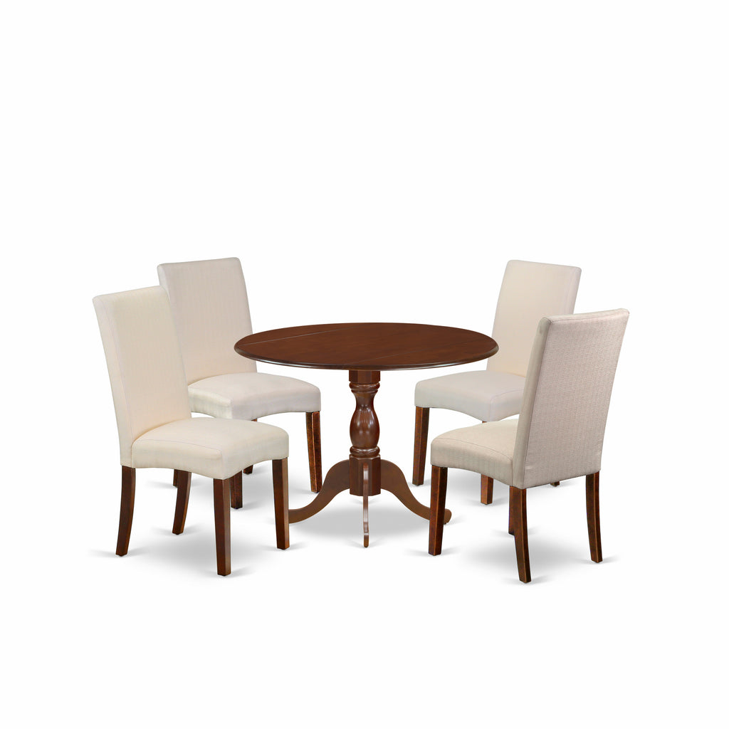 Juego de mesa de comedor moderna de 5 piezas DMDR5-MAH-01 de East West Furniture. Incluye una mesa redonda de madera con alas abatibles y 4 sillas de comedor Parson de tela de lino color crema.
