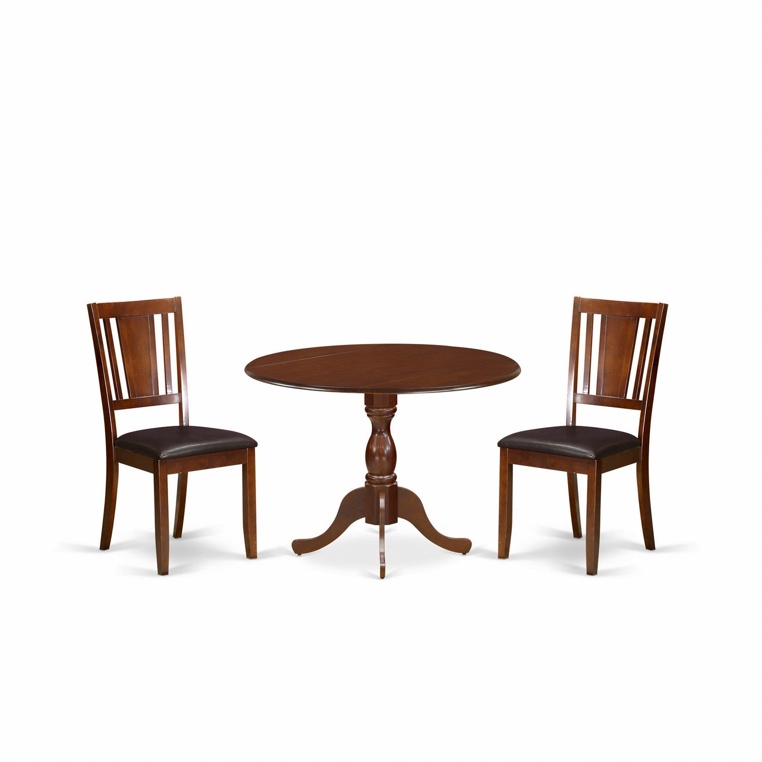 East West Furniture DMDU3-MAH-C 3 Piece Mid Century Dining Set Consists of 1 Drop Leaves Wooden Dining Table and 2 Mahogany faux Leather Dining Chair with Panel Back - Mahogany Finish