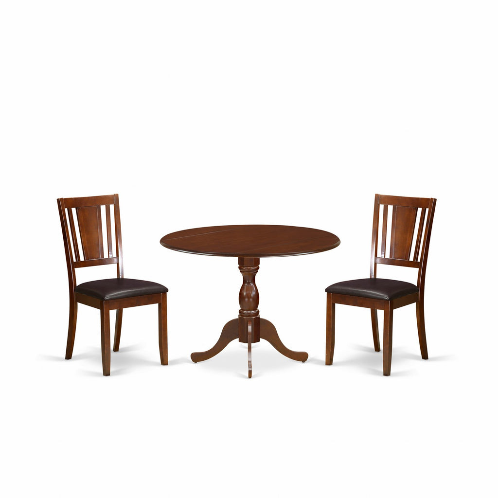 Juego de mesa de comedor de 3 piezas DMDU3-MAH-C de East West Furniture. Incluye una mesa de comedor redonda con alas abatibles y dos sillas tapizadas en tela de lino.