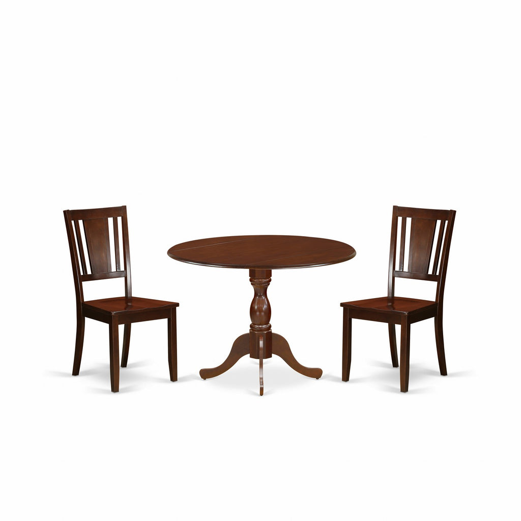 East West Furniture DMDU3-MAH-W 3 Piece Dining Room Table Set  Contains a Round Dining Table with Dropleaf and 2 Wood Seat Chairs