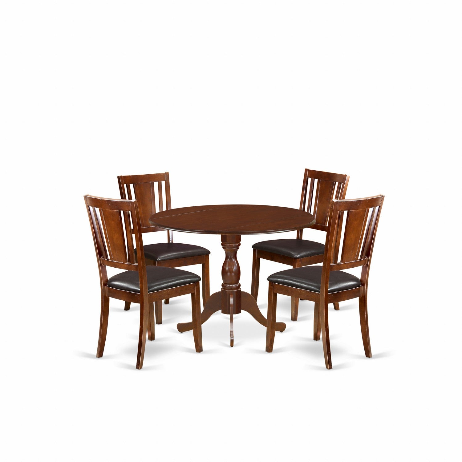 East West Furniture DMDU5-MAH-C 5 Piece Wood Dining Table Set Consists of 1 Drop Leaves Wooden Dining Table and 4 Mahogany faux Leather Dining Chair with Panel Back - Mahogany Finish