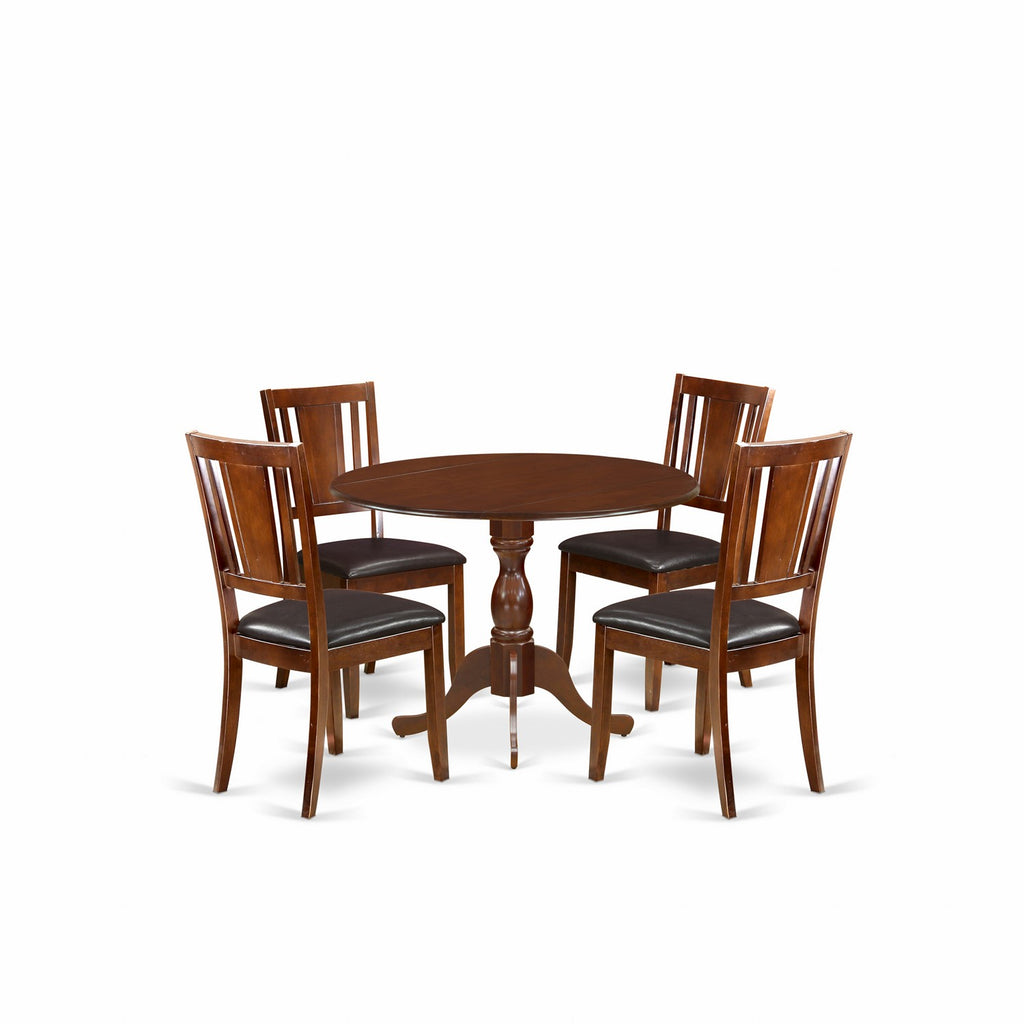 El juego de comedor de 5 piezas DMDU5-MAH-C de East West Furniture incluye una mesa de cocina redonda con alas abatibles y 4 sillas de comedor tapizadas en tela de lino.