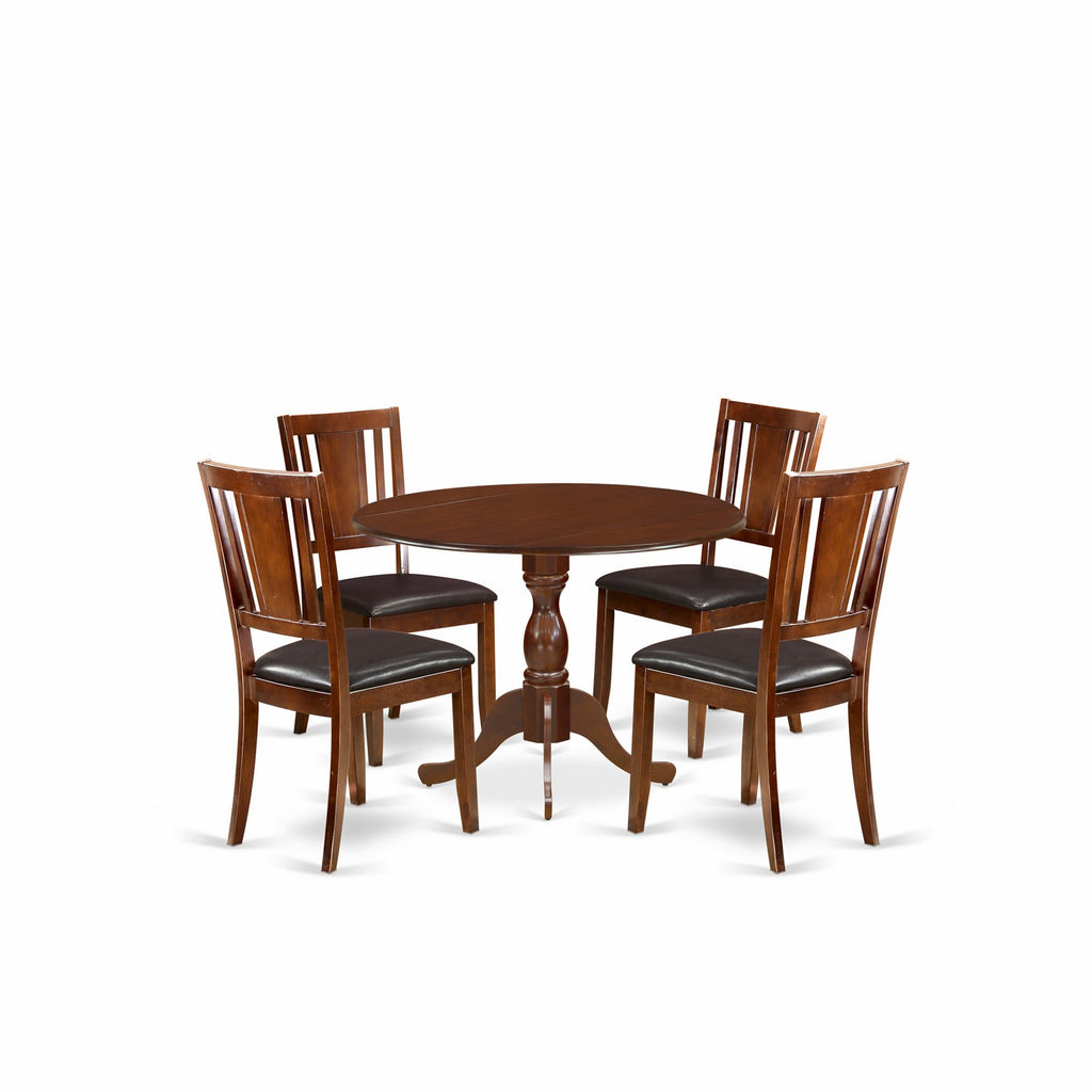 East West Furniture DMDU5-MAH-C 5 Piece Dining Room Furniture Set Includes a Round Kitchen Table with Dropleaf and 4 Linen Fabric Upholstered Dining Chairs, 42x42 Inch, Mahogany