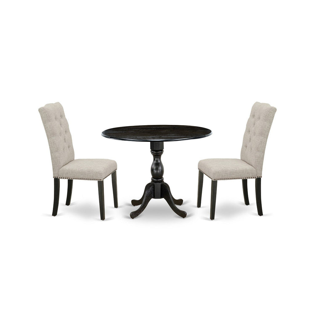 East West Furniture DMEL3-ABK-35 3 Piece Dinette Set for Small Spaces Contains a Round Dining Table with Dropleaf and 2 Doeskin Linen Fabric Parsons Dining Chairs, 42x42 Inch, Wirebrushed Black