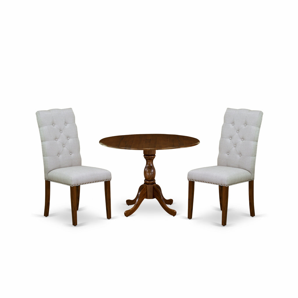 Juego de comedor de 3 piezas DMEL3-AWA-05 de East West Furniture para espacios pequeños. Contiene una mesa de comedor redonda con alas abatibles y 2 sillas tapizadas en tela de lino gris.