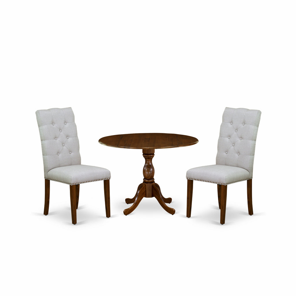 East West Furniture DMEL3-AWA-05 3 Piece Dinette Set for Small Spaces Contains a Round Dining Table with Dropleaf and 2 Grey Linen Fabric Upholstered Chairs, 42x42 Inch, Walnut