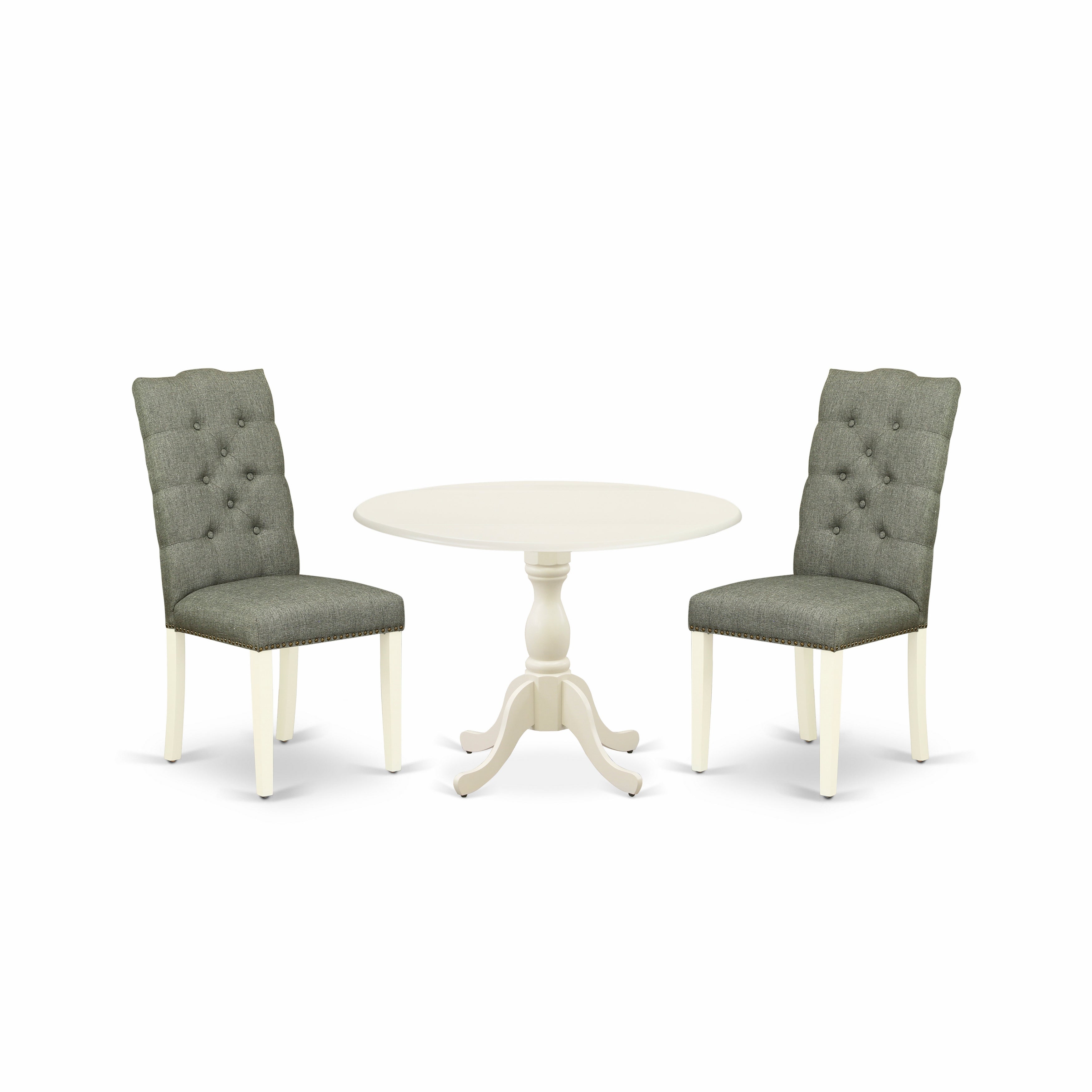 East West Furniture DMEL3-LWH-07 3 Piece Dining Room Set Consists of 1 Drop Leaves Dining Table and 2 Smoke Linen Fabric Parson Dining Chairs Button Tufted Back with Nail Heads - linen white Finish