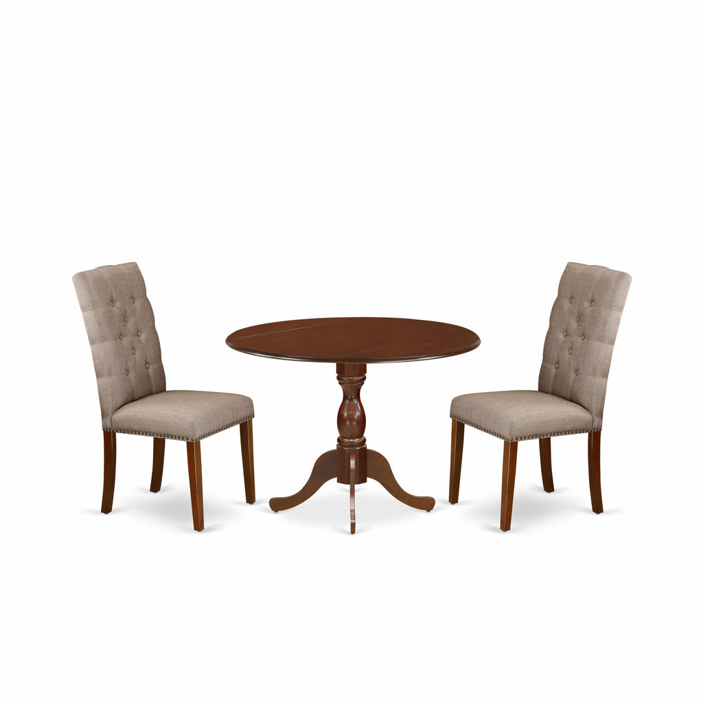 East West Furniture DMEL3-MAH-16 3 Piece Kitchen Table Set Contains a Round Dining Room Table with Dropleaf and 2 Dark Khaki Linen Fabric Upholstered Chairs