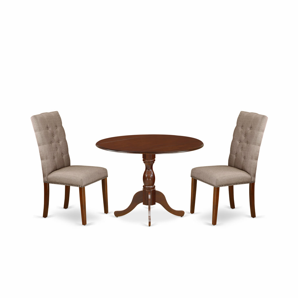 East West Furniture DMEL3-MAH-16 3 Piece Kitchen Table Set Contains a Round Dining Room Table with Dropleaf and 2 Dark Khaki Linen Fabric Upholstered Chairs, 42x42 Inch, Mahogany