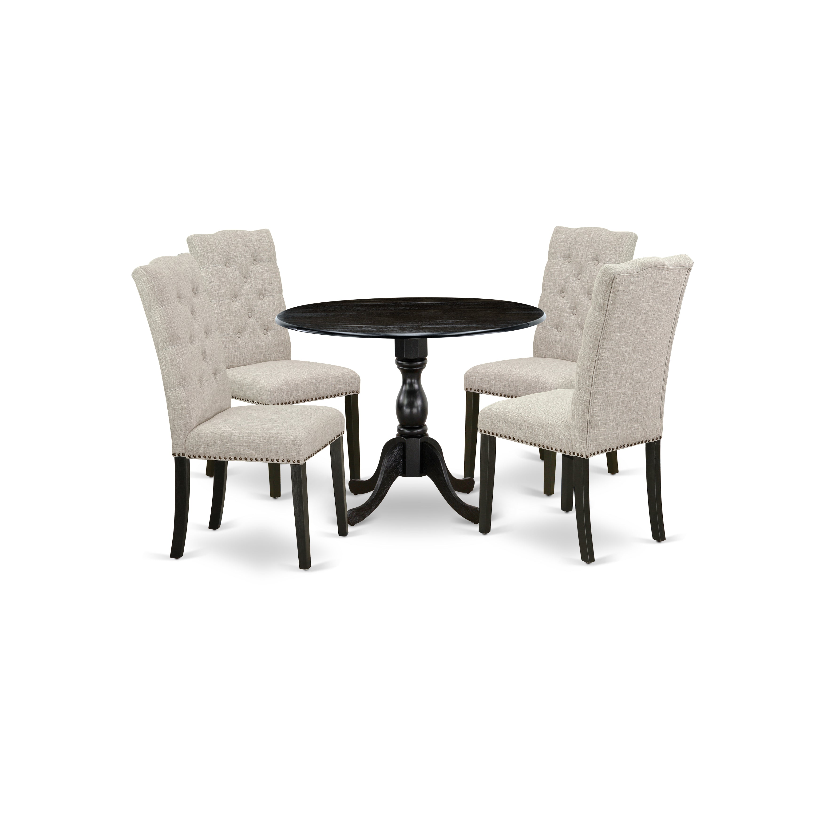East West Furniture DMEL5-ABK-35 5 Piece Dining Table Set Consists of 1 Drop Leaves Modern Kitchen Table and 4 Doeskin Linen Fabric Dinning Chairs Button Tufted Back with Nail Heads - Wire Brushed Black Finish