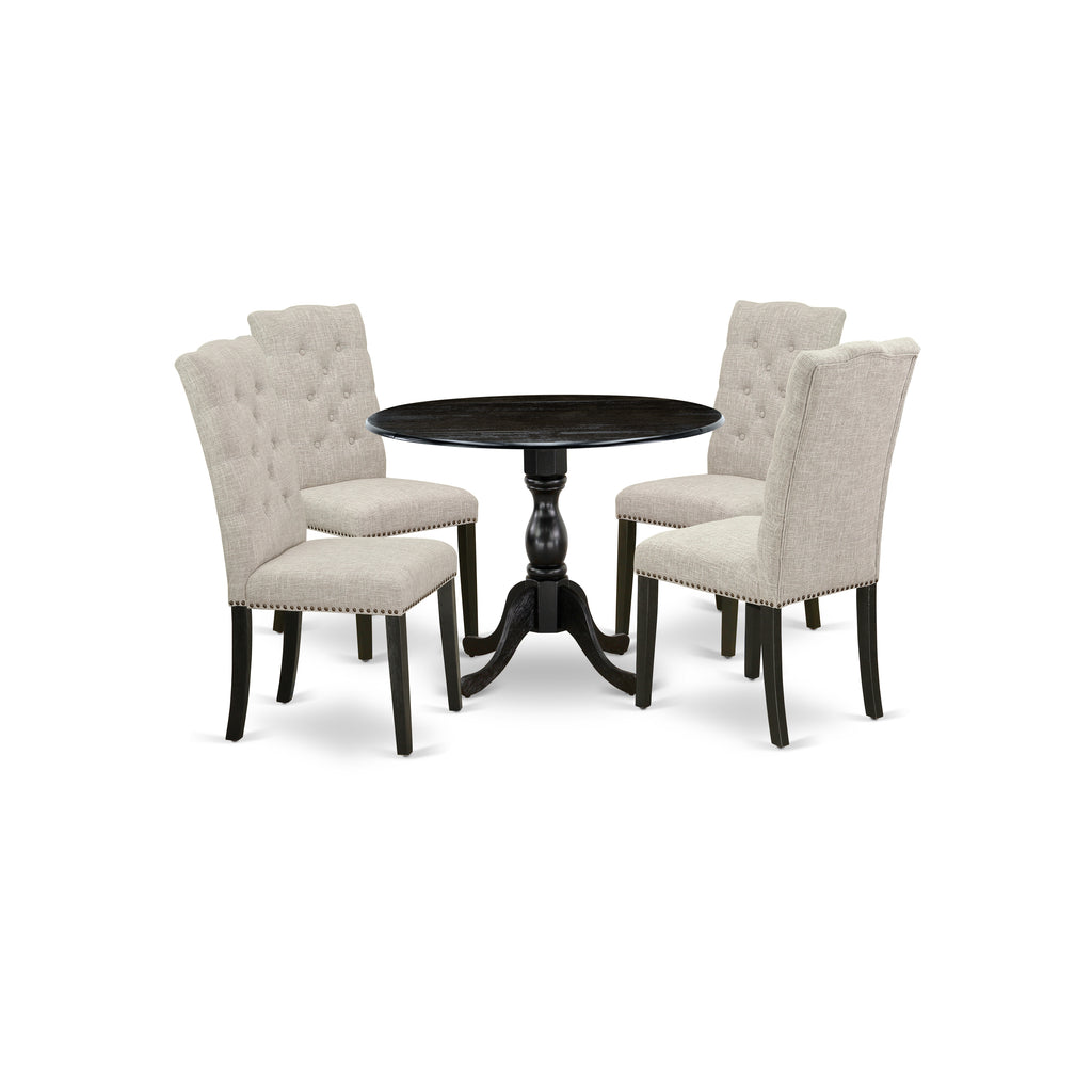 East West Furniture DMEL5-ABK-35 5 Piece Modern Dining Table Set Includes a Round Wooden Table with Dropleaf and 4 Doeskin Linen Fabric Upholstered Chairs, 42x42 Inch, Wirebrushed Black