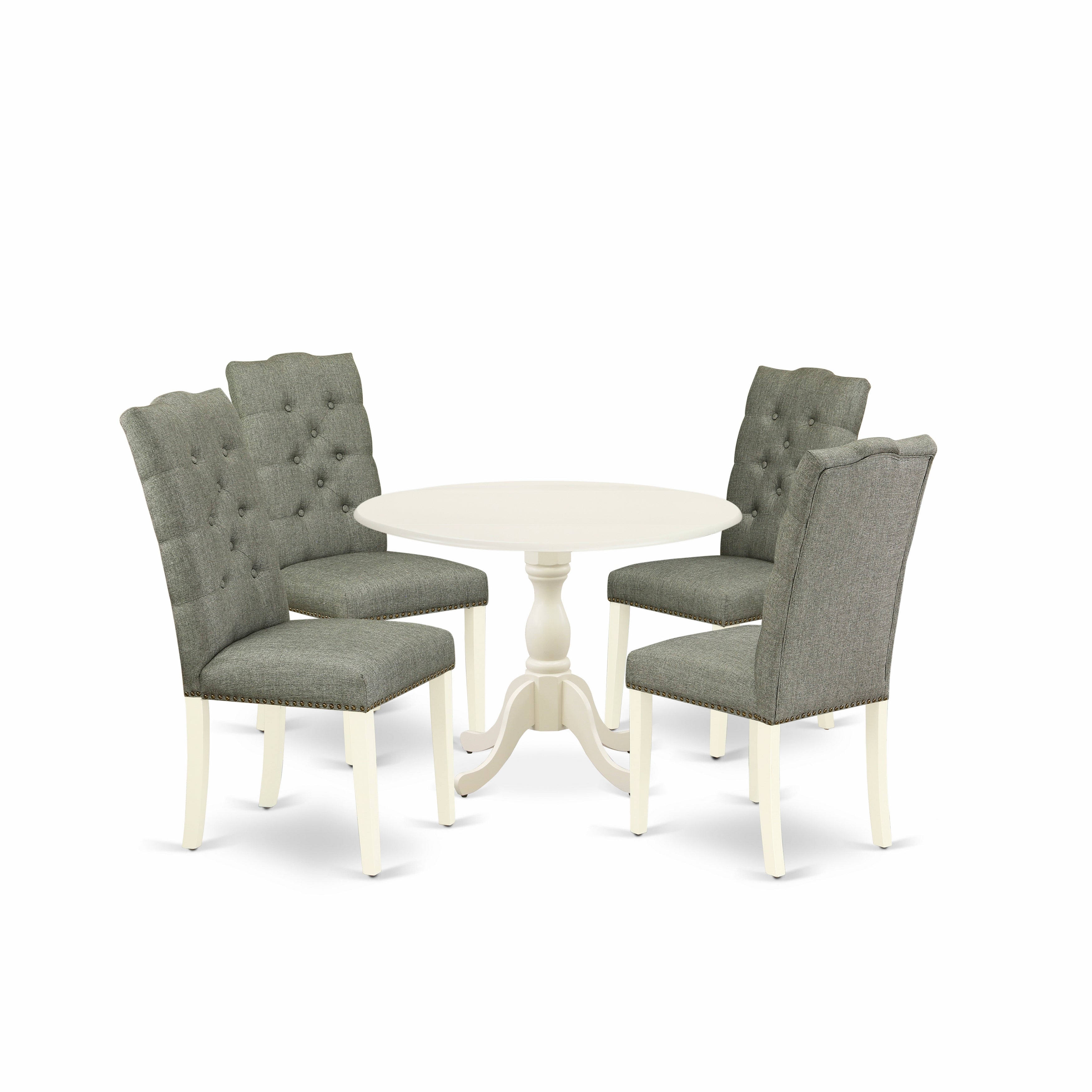 Juego de mesa de comedor moderna de 5 piezas DMEL5-LWH-07 de East West Furniture. Incluye una mesa redonda de madera con alas abatibles y 4 sillas de comedor Parson de tela de lino gris.