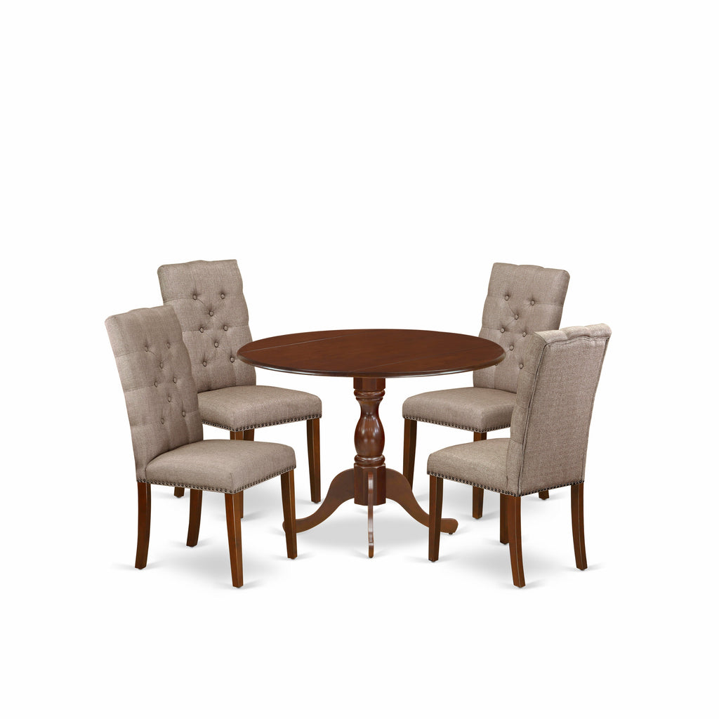 East West Furniture DMEL5-MAH-16 5 Piece Dining Table Set for 4 Includes a Round Kitchen Table with Dropleaf and 4 Dark Khaki Linen Fabric Parsons Dining Chairs, 42x42 Inch, Mahogany