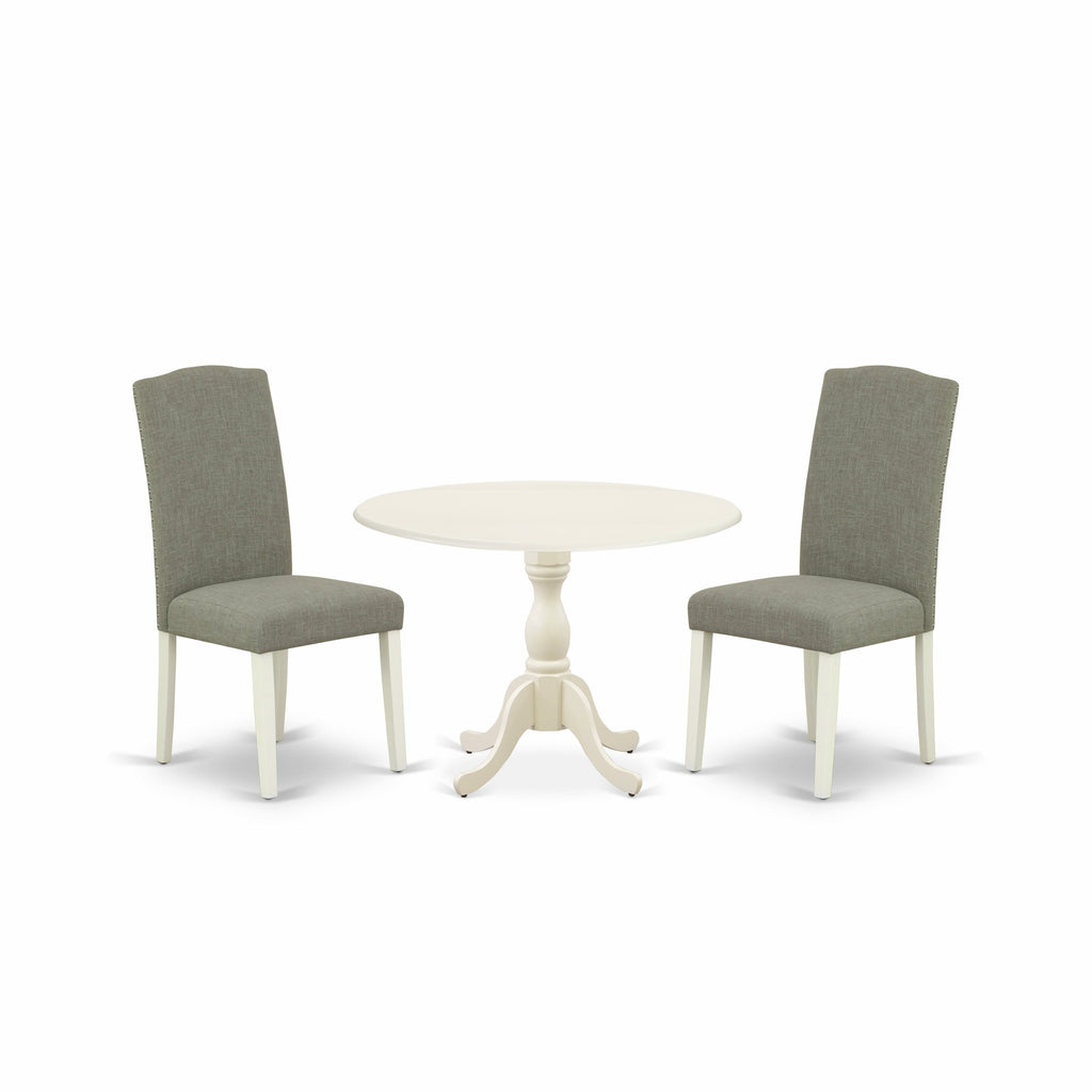 East West Furniture DMEN3-LWH-06 3 Piece Dining Set for Small Spaces Contains a Round Dining Room Table with Dropleaf and 2 Dark Shitake Linen Fabric Parson Chairs, 42x42 Inch, Linen White