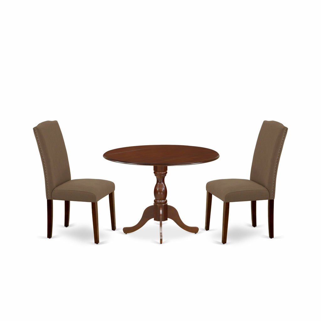 East West Furniture DMEN3-MAH-18 3 Piece Dining Room Table Set  Contains a Round Dining Table with Dropleaf and 2 Dark Coffee Linen Fabric Upholstered Chairs