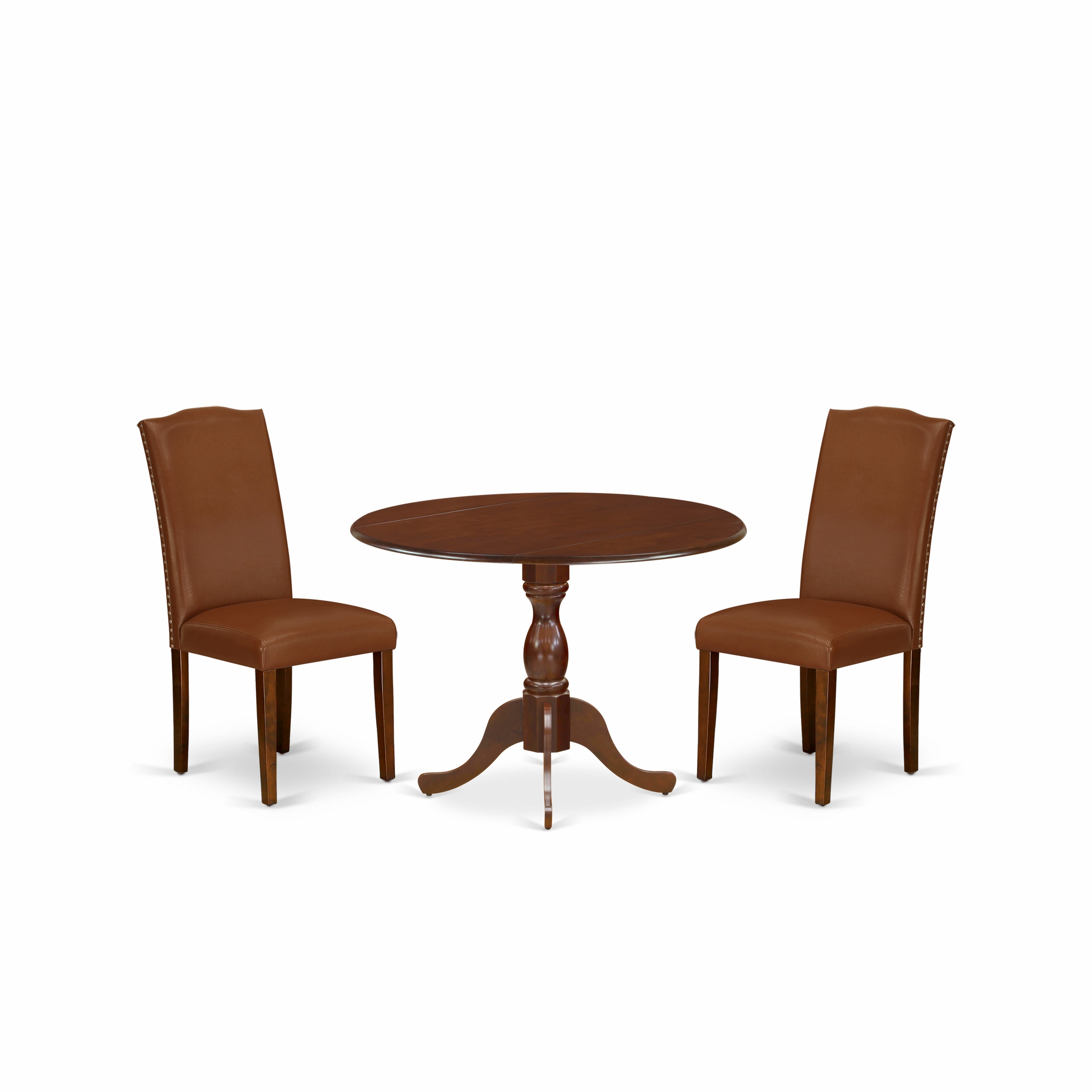 DMEN3-MAH-66 3 Piece Modern Dining Table Set Consists of 1 Drop Leaves Wooden Dining Table and 2 Brown faux Leather Dining Chairs High Back with Nail Heads - Mahogany Finish
