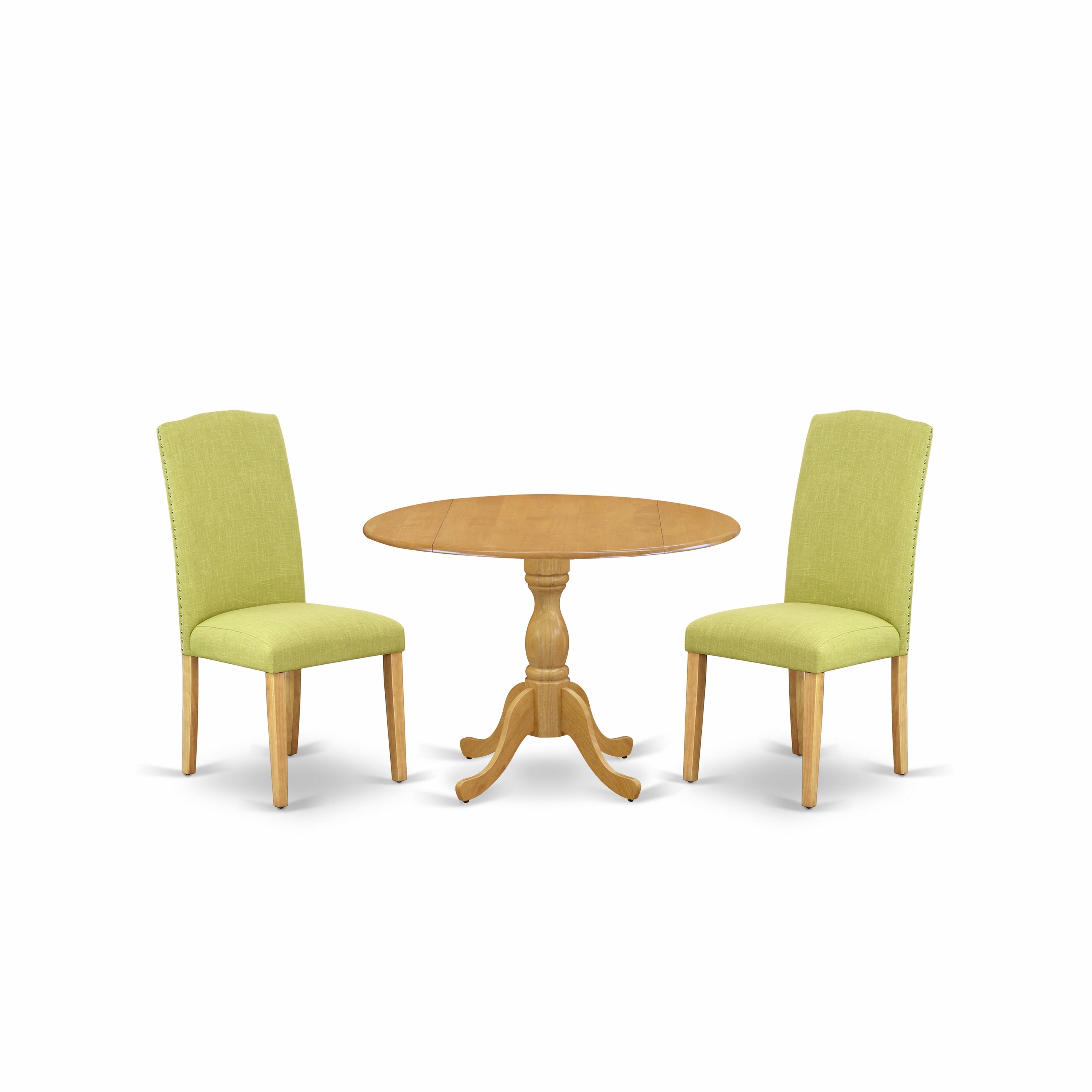 Juego de mesa de cocina de 3 piezas East West Furniture DMEN3-OAK-07. Incluye una mesa de comedor redonda con alas abatibles y 2 sillas tapizadas en tela de lino Limelight.