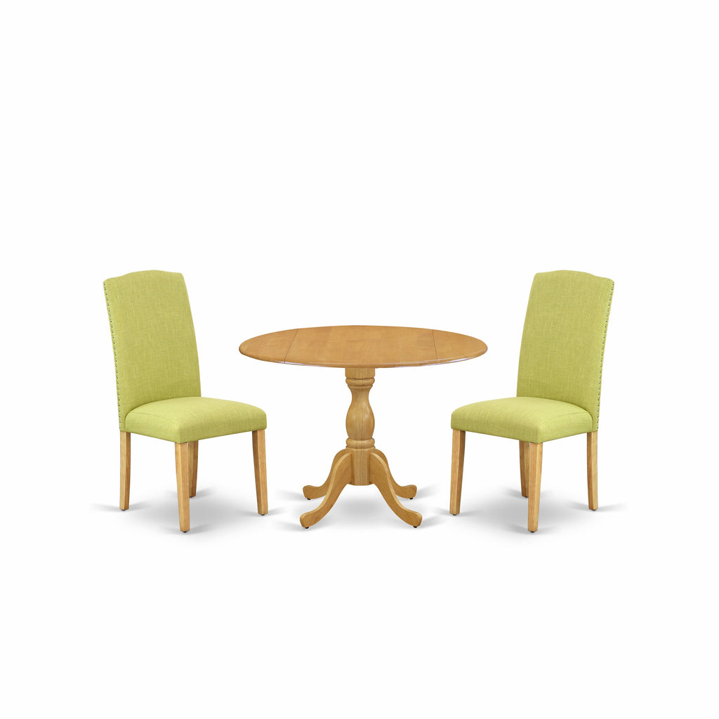 East West Furniture DMEN3-OAK-07 3 Piece Kitchen Table Set Contains a Round Dining Room Table with Dropleaf and 2 Limelight Linen Fabric Upholstered Chairs