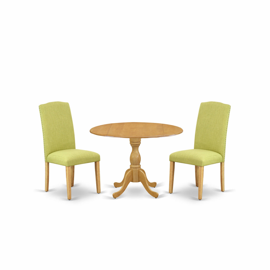 East West Furniture DMEN3-OAK-07 3 Piece Kitchen Table Set Contains a Round Dining Room Table with Dropleaf and 2 Limelight Linen Fabric Upholstered Chairs, 42x42 Inch, Oak