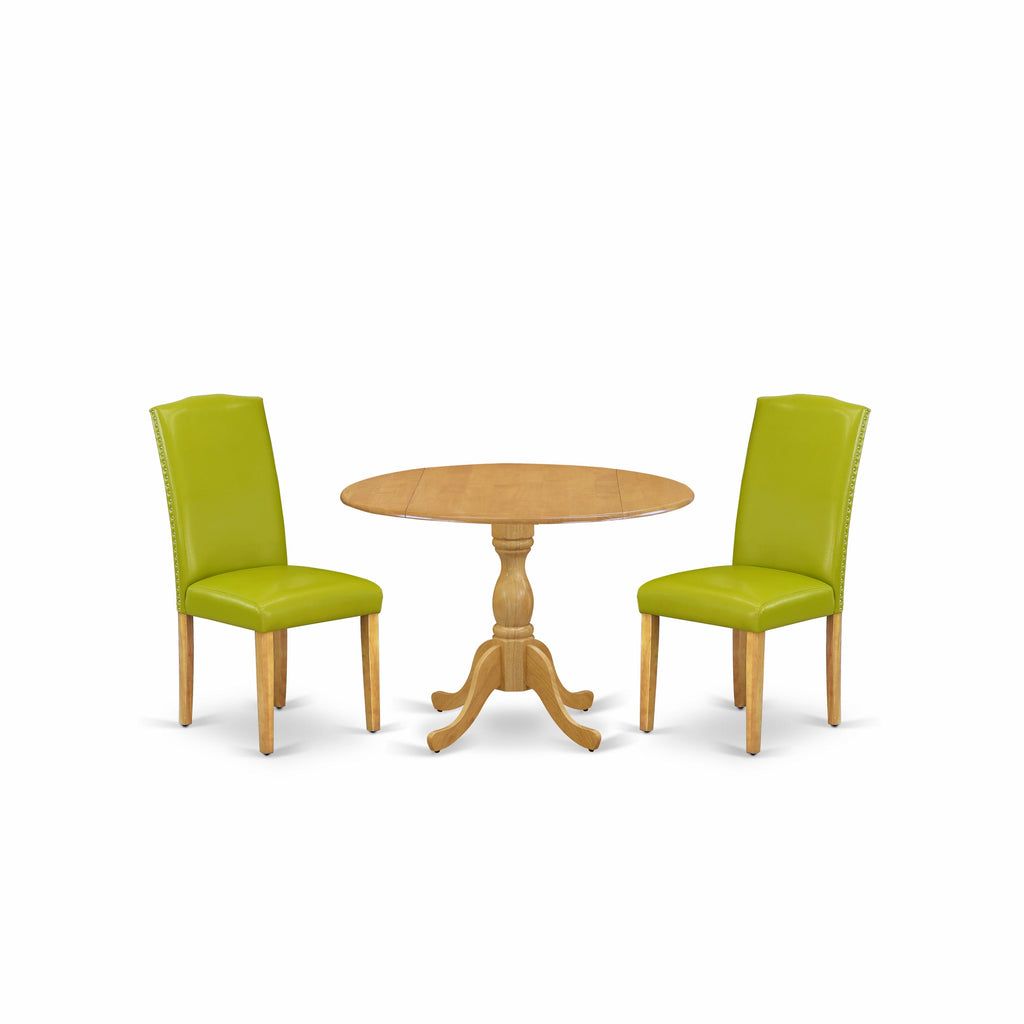 East West Furniture DMEN3-OAK-51 3 Piece Dining Set for Small Spaces Contains a Round Dining Room Table with Dropleaf and 2 Autumn Green Faux Leather Parson Chairs, 42x42 Inch, Oak