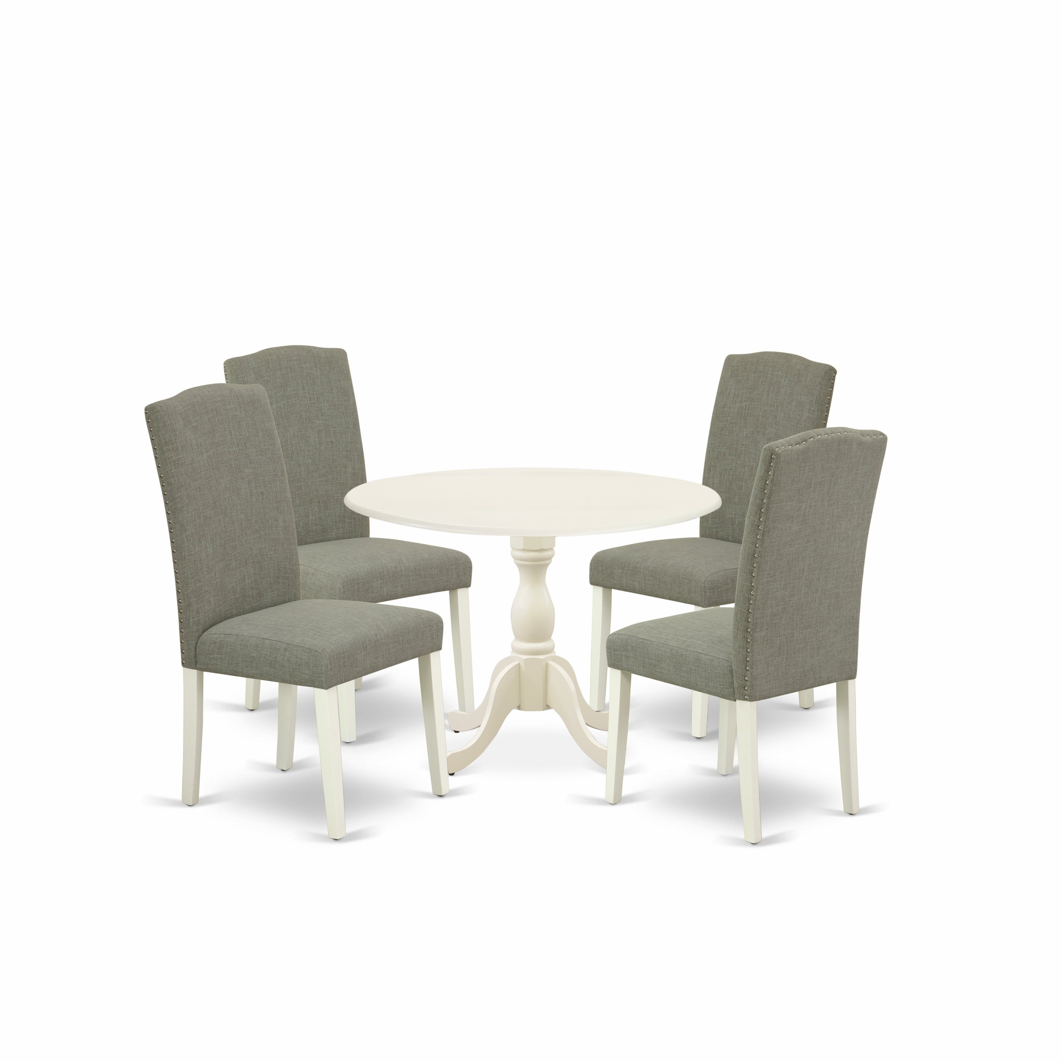 East West Furniture DMEN5-LWH-06 5 Piece Dining Room Table Set Includes 1 Drop Leaves Wooden Dining Table and 4 Dark Shitake Linen Fabric Dining Chair High Back with Nail Heads - linen white Finish