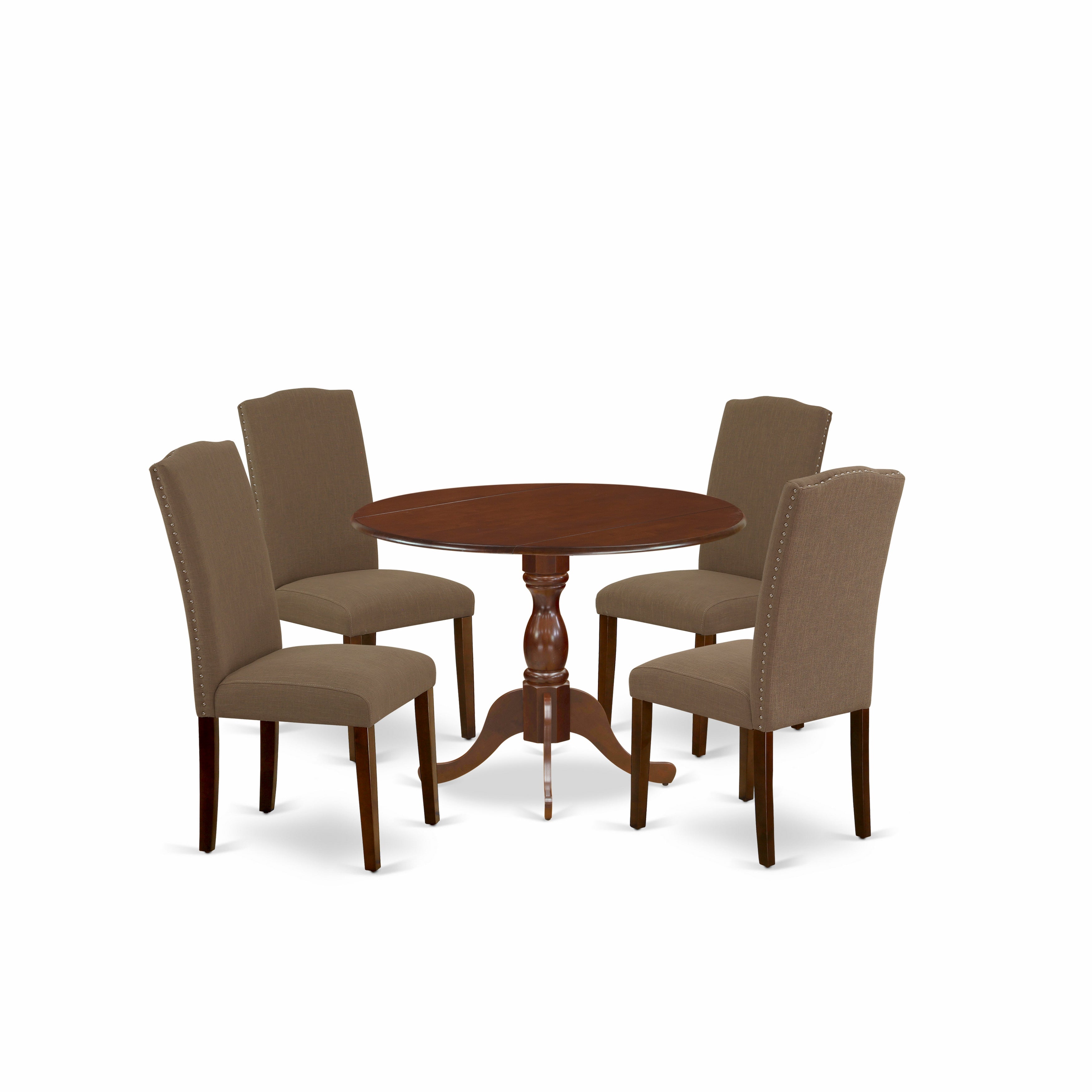 Juego de mesa de comedor East West Furniture DMEN5-MAH-18 de 5 piezas para 4 personas. Incluye una mesa de cocina redonda con alas abatibles y 4 sillas tapizadas en tela de lino color café oscuro.