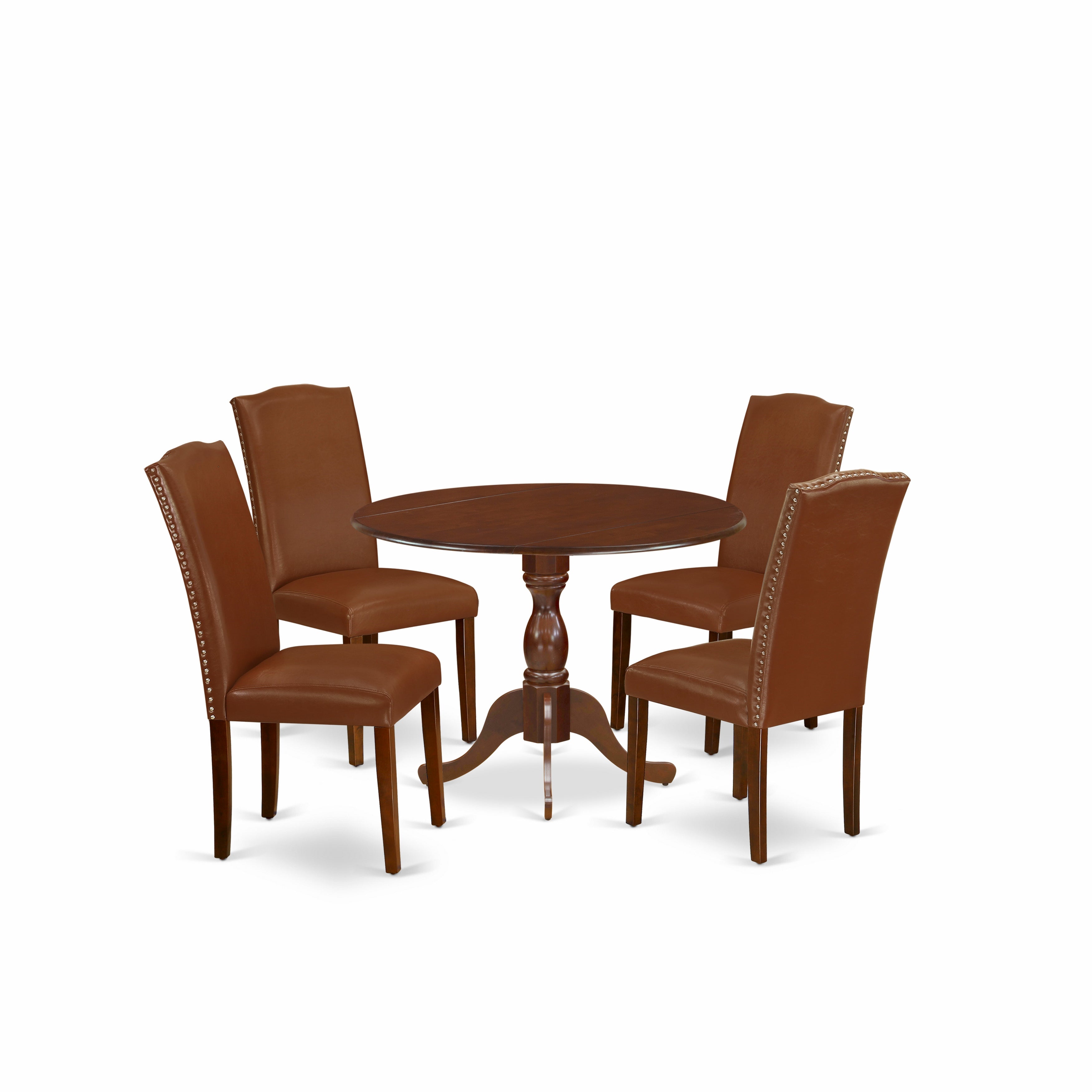 El juego de mesa de comedor de 5 piezas East West Furniture DMEN5-MAH-66 incluye una mesa de cocina redonda con alas abatibles y 4 sillas de comedor Parson de cuero sintético marrón.