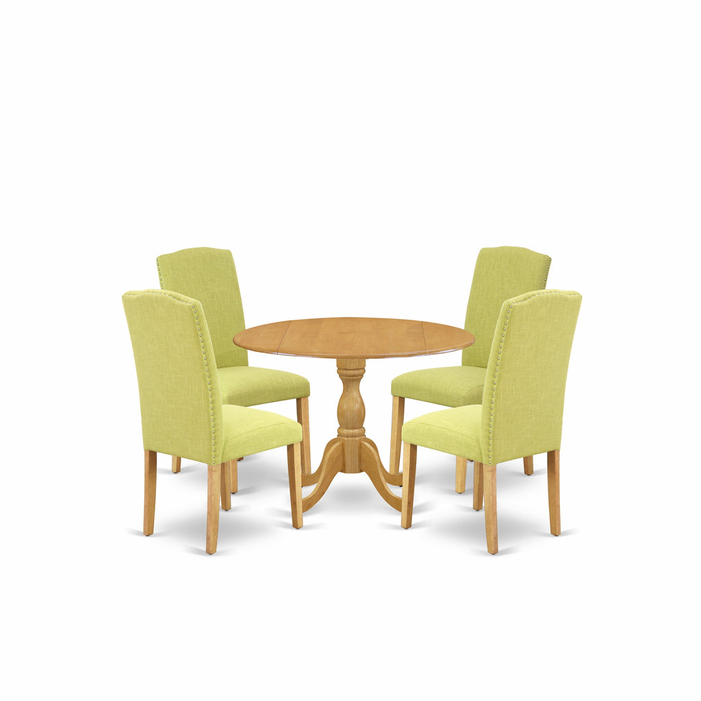 El juego de mesa de comedor de 5 piezas East West Furniture DMEN5-OAK-07 incluye una mesa de comedor redonda con alas abatibles y 4 sillas tapizadas en tela de lino Limelight.