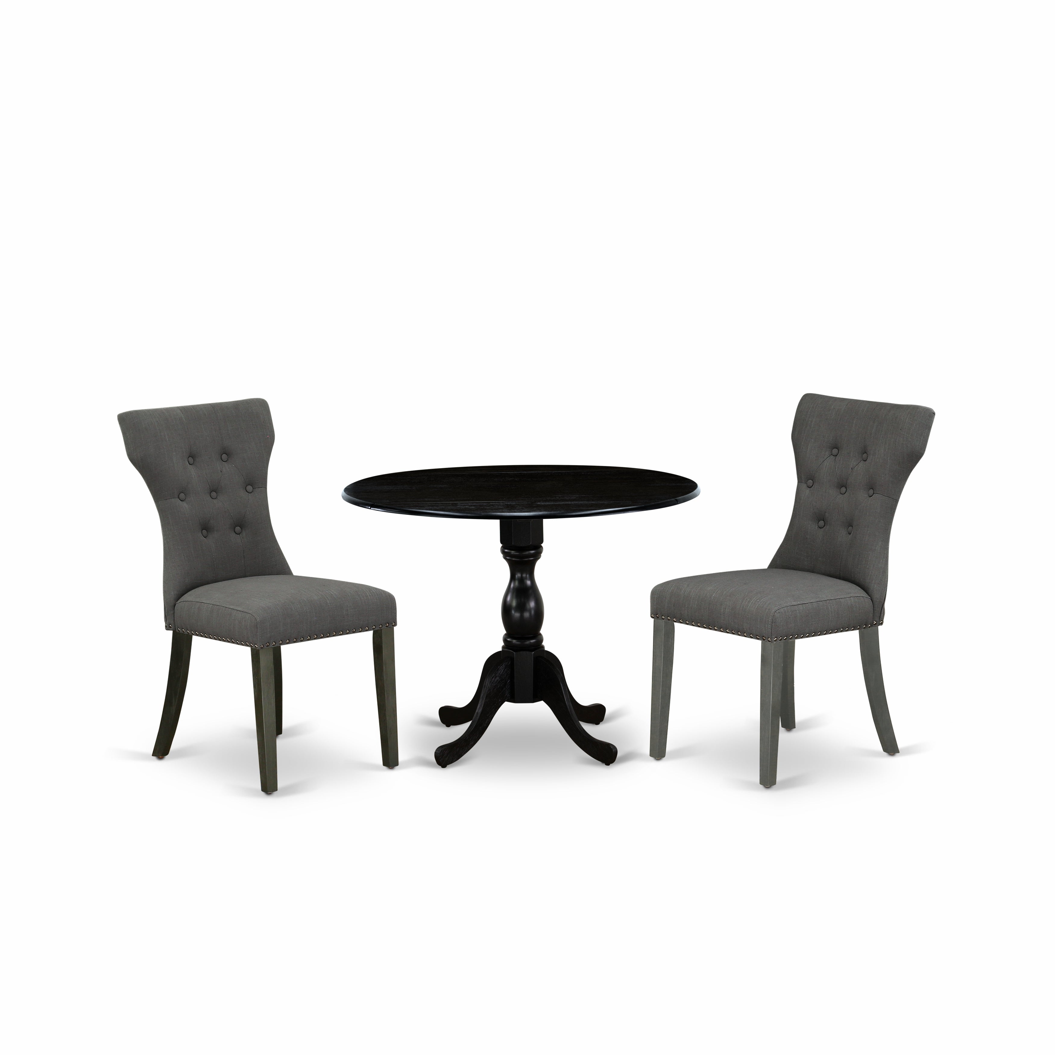East West Furniture DMGA3-ABK-50 3 Piece Dining Set Contains 1 Drop Leaves Table and 2 Dark Gotham Grey Linen Fabric Dining Chairs Button Tufted Back with Nail Heads - Wire Brushed Black Finish