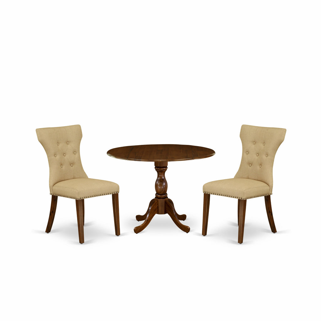 East West Furniture DMGA3-AWA-03 3 Piece Dinette Set for Small Spaces Contains a Round Dining Table with Dropleaf and 2 Brown Linen Fabric Parsons Dining Chairs