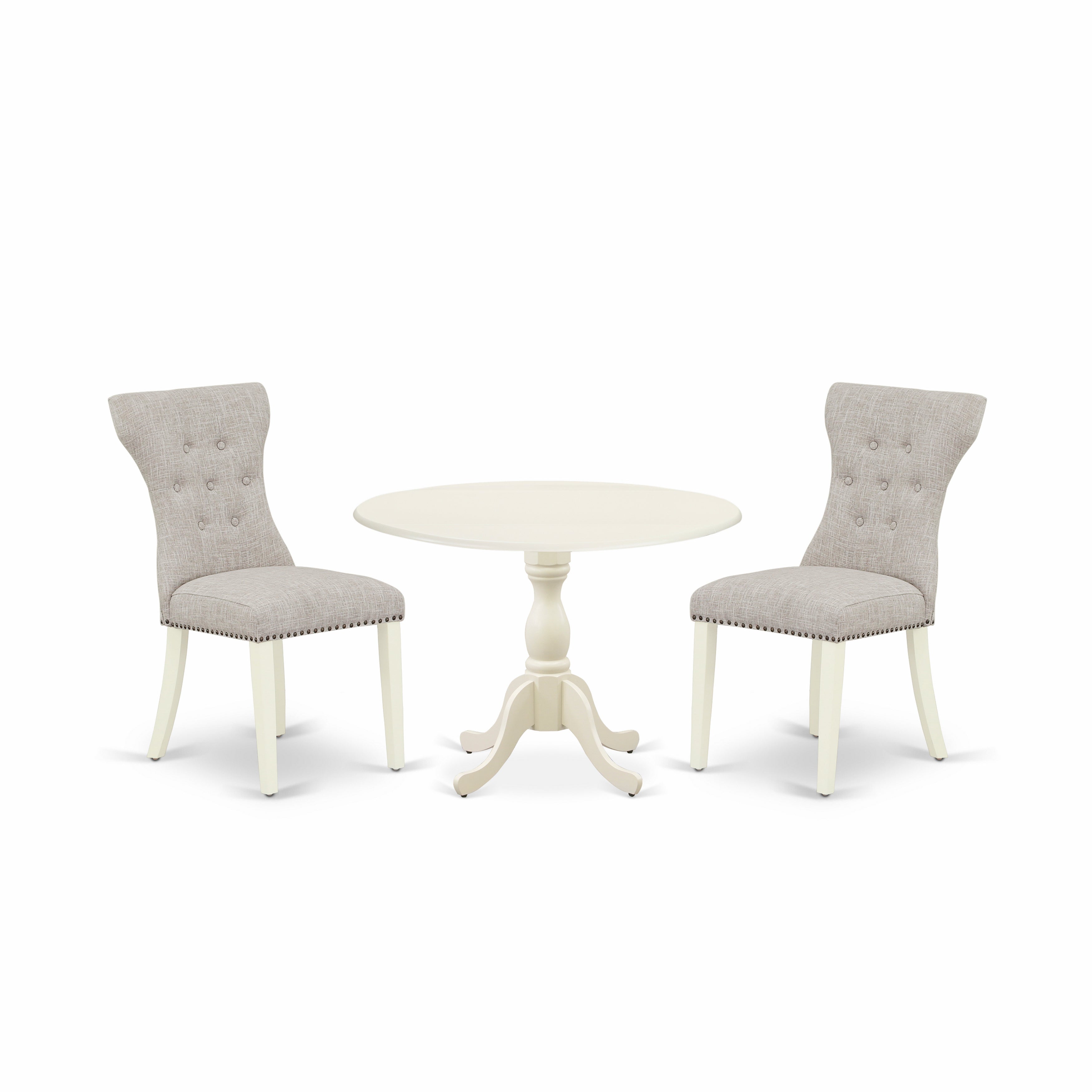 Juego de comedor de 3 piezas DMGA3-LWH-35 de East West Furniture para espacios pequeños. Incluye una mesa de comedor redonda con alas abatibles y dos sillas de comedor Parsons de tela de lino y piel de venado.