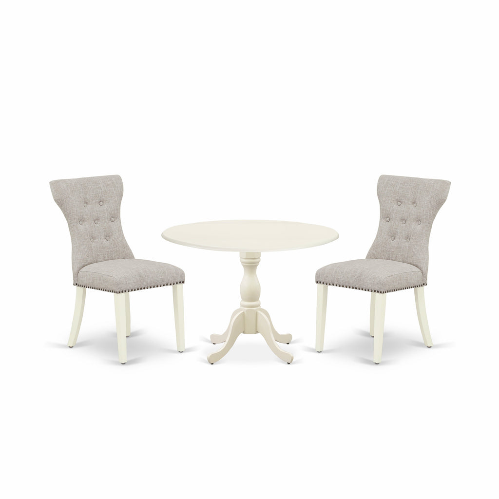 East West Furniture DMGA3-LWH-35 3 Piece Dinette Set for Small Spaces Contains a Round Dining Table with Dropleaf and 2 Doeskin Linen Fabric Parsons Dining Chairs