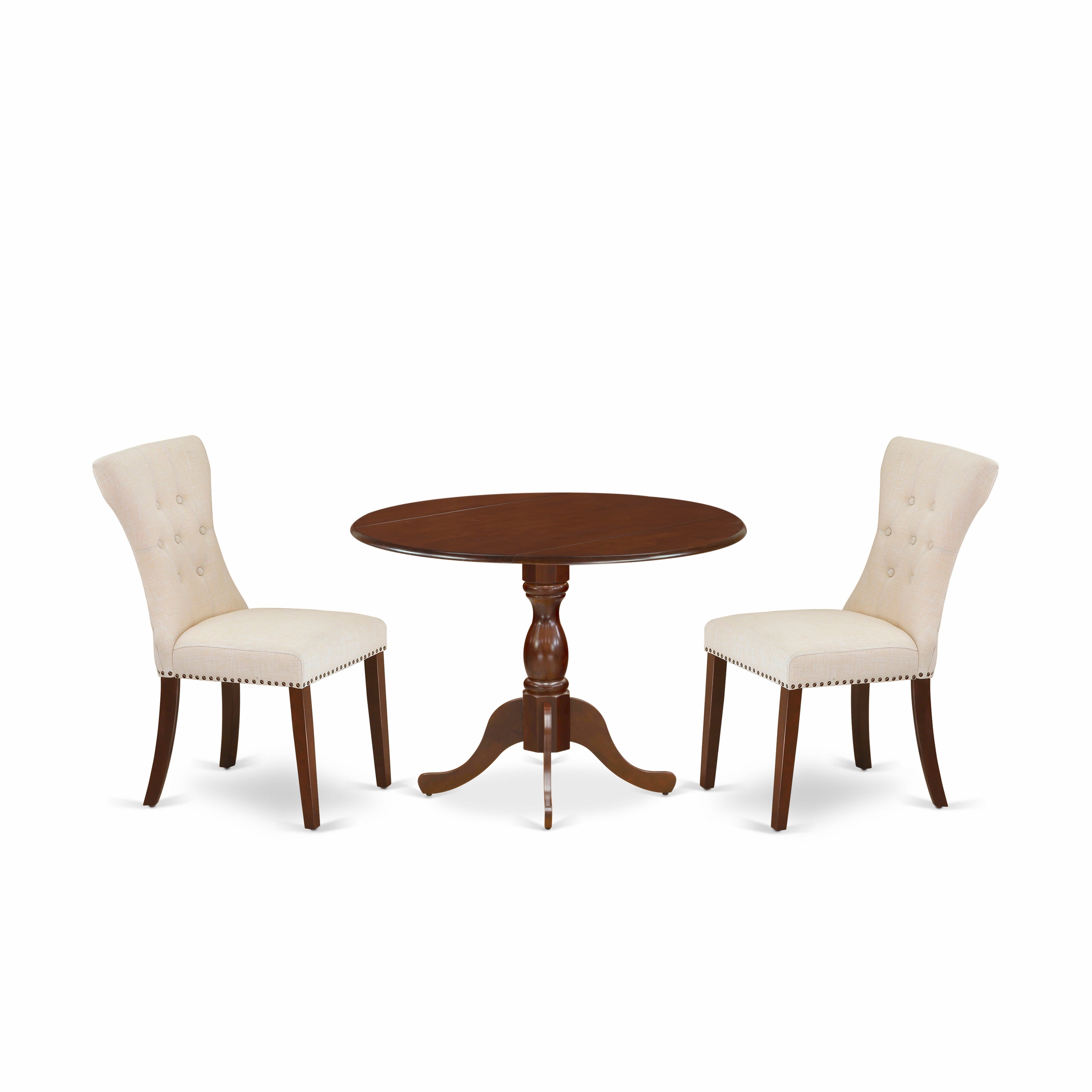 East West Furniture DMGA3-MAH-32 3 Piece Modern Dining Table Set - Mahogany Dinning Table and 2 Light Tan Linen Fabric Upholstered Dining Chairs Button Tufted Back with Nail Heads - Mahogany Finish