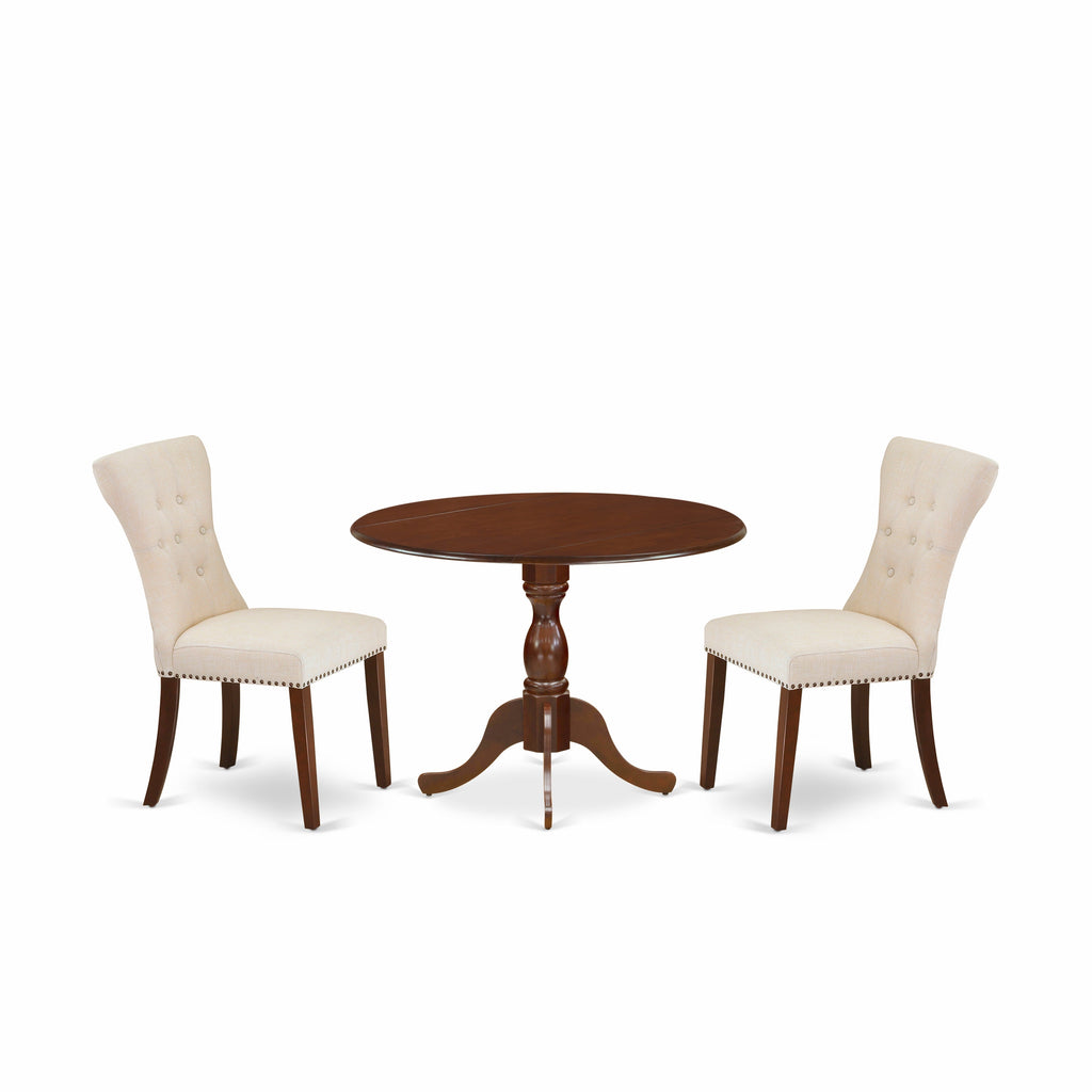 East West Furniture DMGA3-MAH-32 3 Piece Dining Set Contains a Round Dining Room Table with Dropleaf and 2 Light Beige Linen Fabric Upholstered Chairs, 42x42 Inch, Mahogany