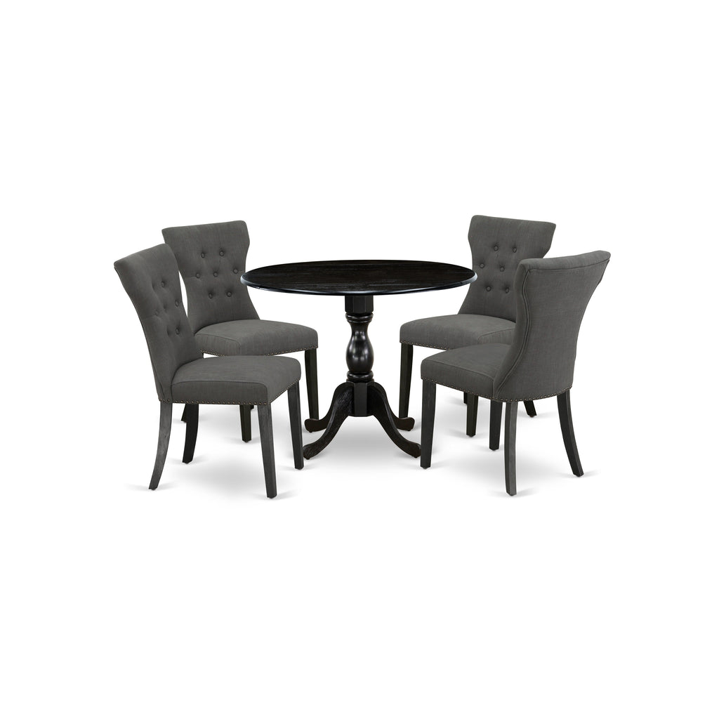 East West Furniture DMGA5-ABK-50 5 Piece Dining Room Table Set Includes a Round Dining Table with Dropleaf and 4 Dark Gotham Linen Fabric Upholstered Parson Chairs