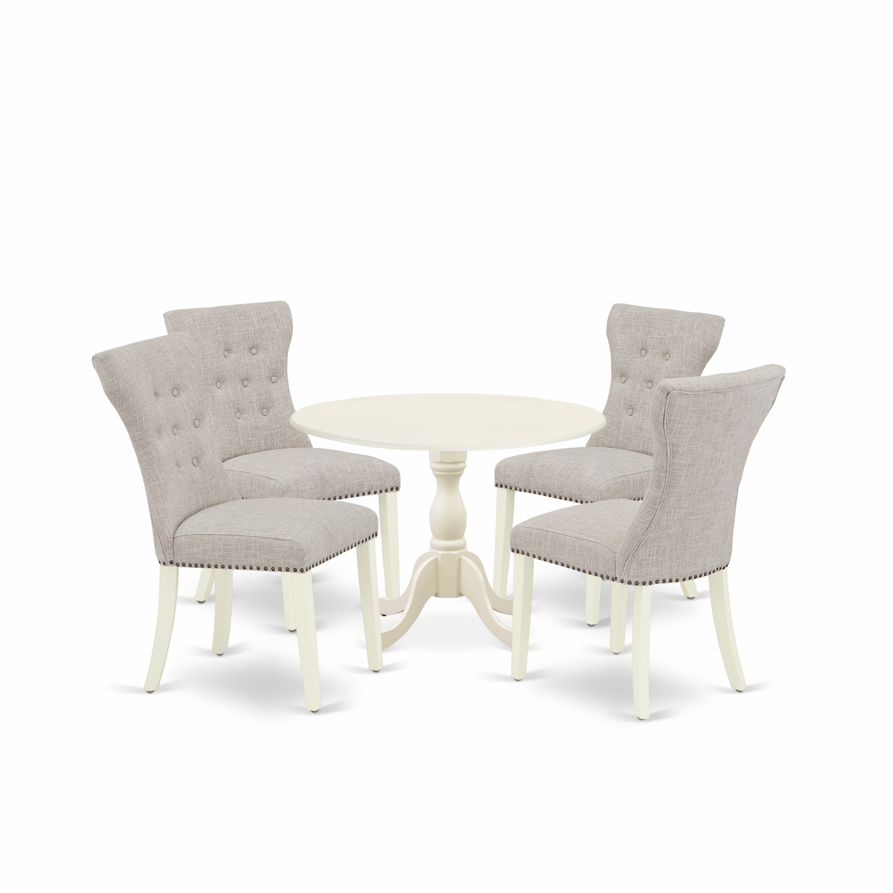 East West Furniture DMGA5-LWH-35 5 Piece Dinning Table Set Consists of 1 Drop Leaves Dining Table and 4 Doeskin Linen Fabric Parson Chairs Button Tufted Back with Nail Heads - linen white Finish