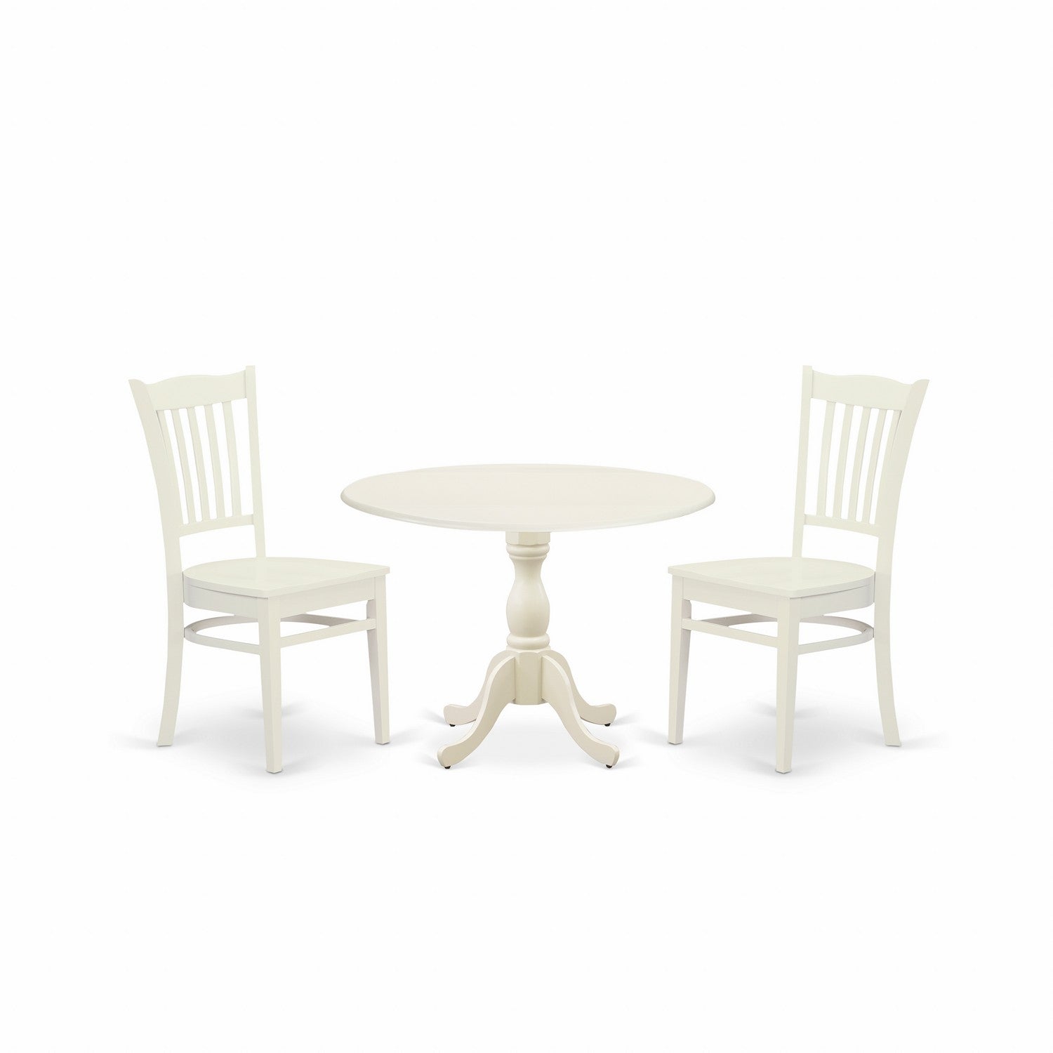 Juego de comedor de 3 piezas DMGR3-LWH-W de East West Furniture. Incluye una mesa de comedor redonda con alas abatibles y 2 sillas de cocina.