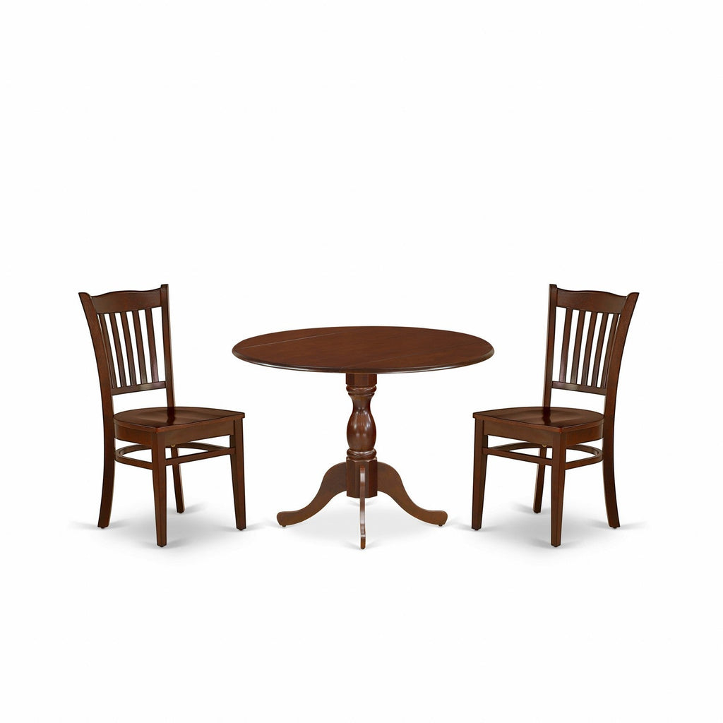Juego de mesa de cocina de 3 piezas DMGR3-MAH-W de East West Furniture para espacios pequeños. Incluye una mesa de comedor redonda con alas abatibles y dos sillas de comedor.