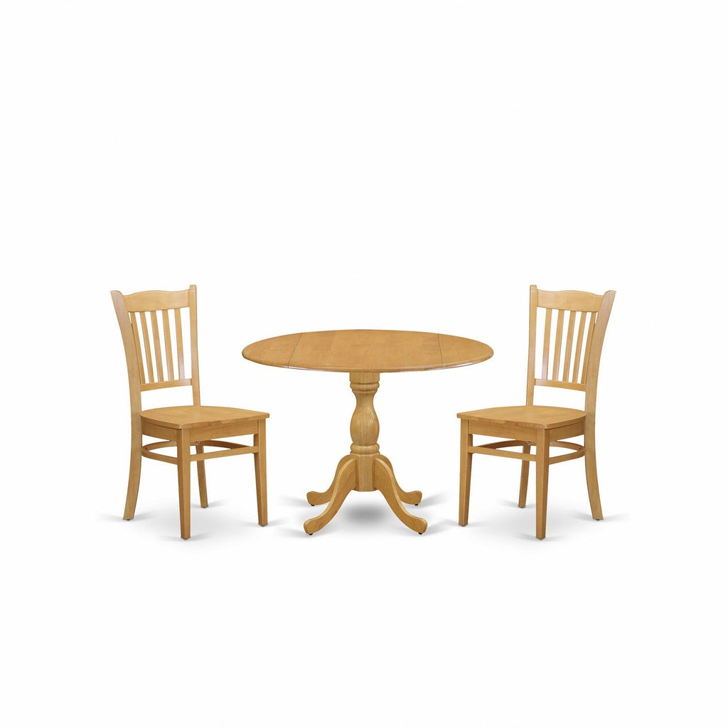 Juego de mesa de comedor moderna de 3 piezas DMGR3-OAK-W de East West Furniture. Contiene una mesa redonda de madera con alas abatibles y 2 sillas de comedor de cocina.