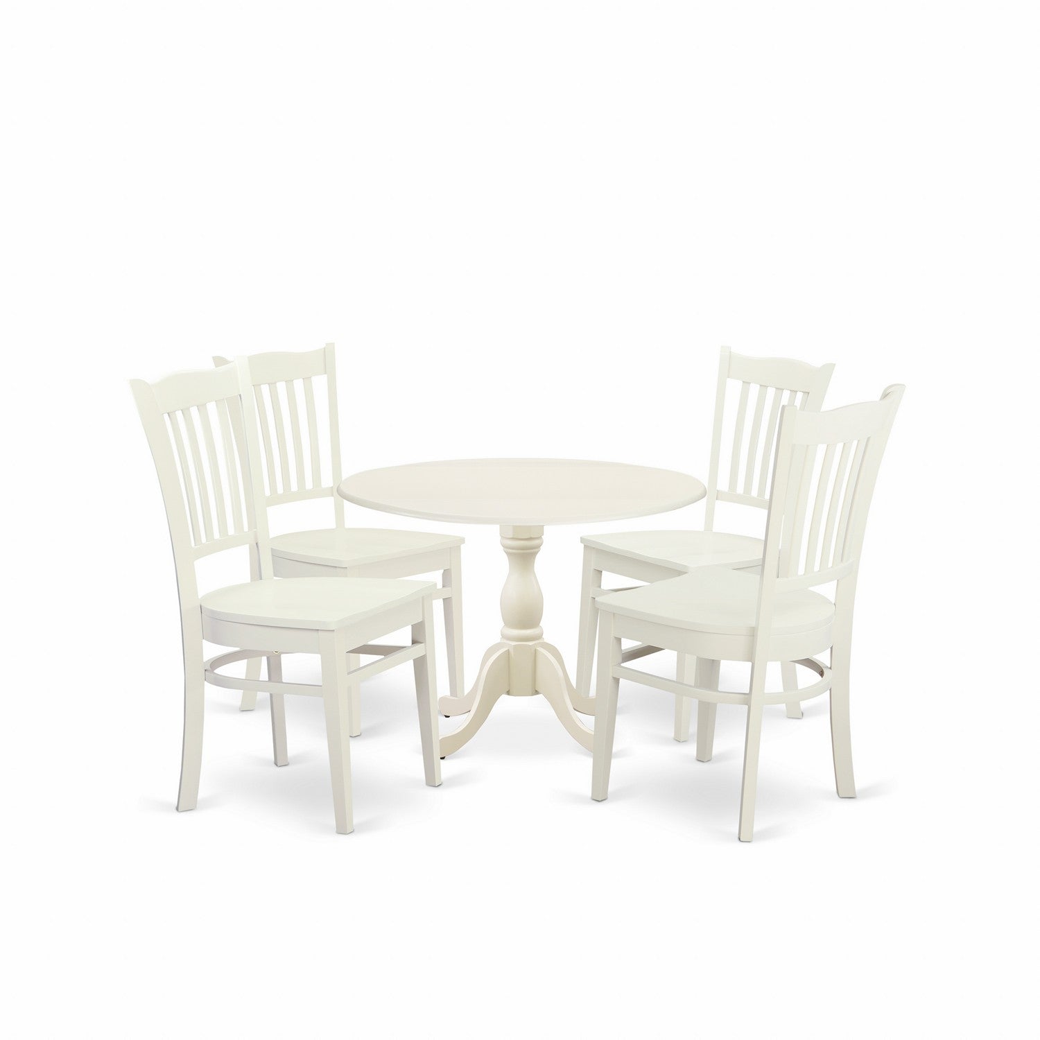 East West Furniture DMGR5-LWH-W 5 Piece Dining Table Set Contains 1 Drop Leaves Dining Table and 4 linen white Dinning Chairs with Slatted Back - linen white Finish
