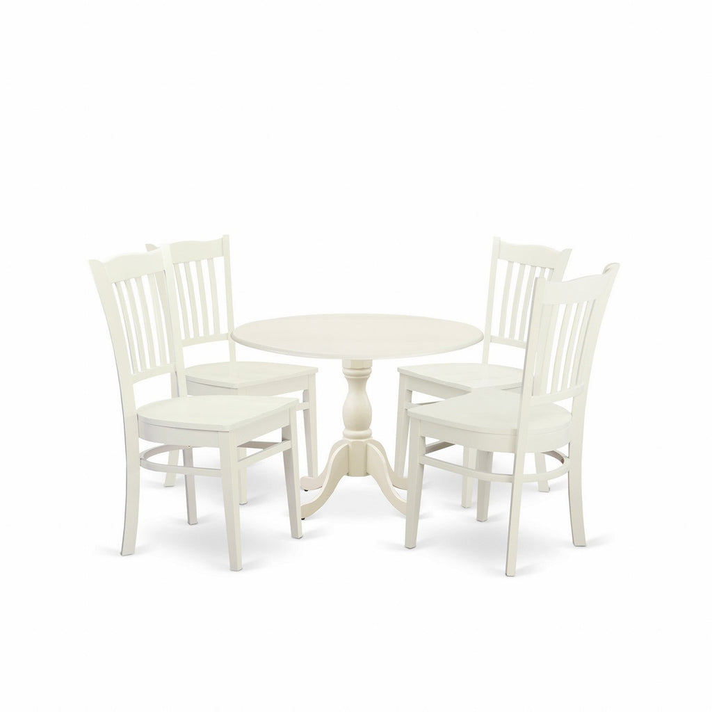 East West Furniture DMGR5-LWH-W 5 Piece Dining Room Furniture Set Includes a Round Kitchen Table with Dropleaf and 4 Dining Chairs