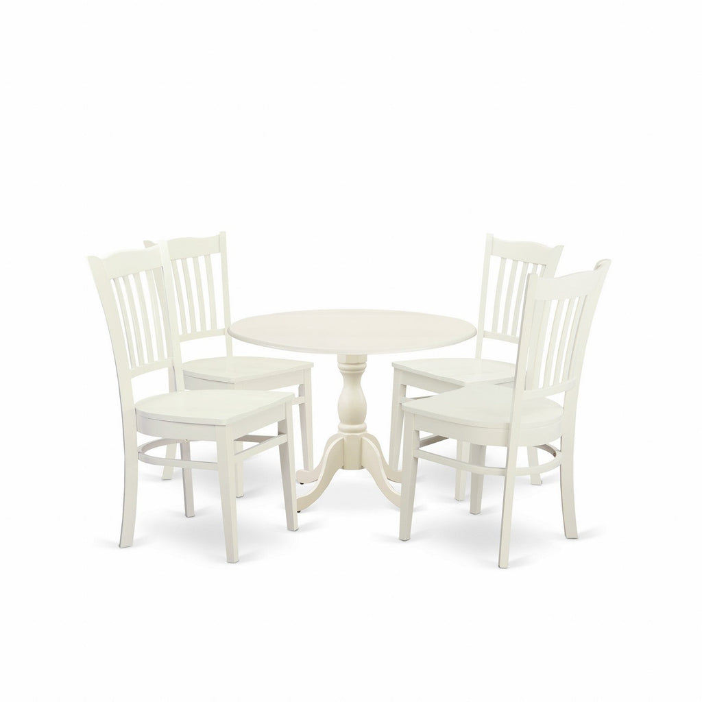 East West Furniture DMGR5-LWH-W 5 Piece Dining Room Furniture Set Includes a Round Kitchen Table with Dropleaf and 4 Dining Chairs, 42x42 Inch, Linen White